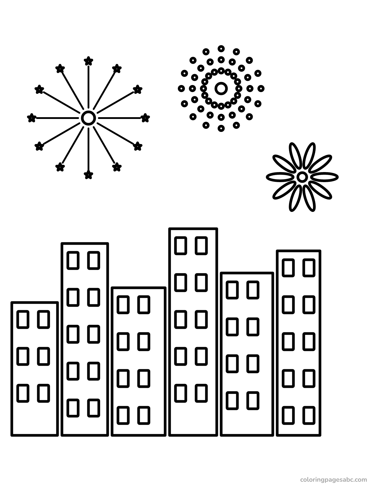 Three fireworks bursting over a city skyline coloring page