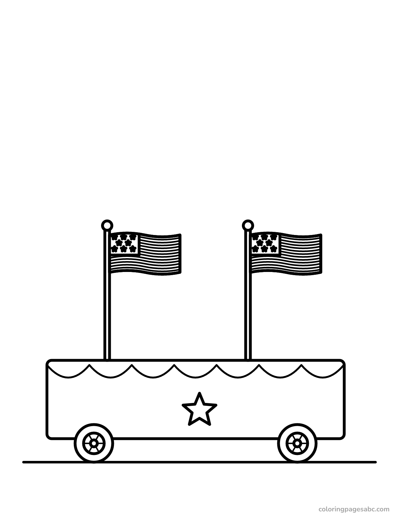 Parade float with bunting, a star and two American flags