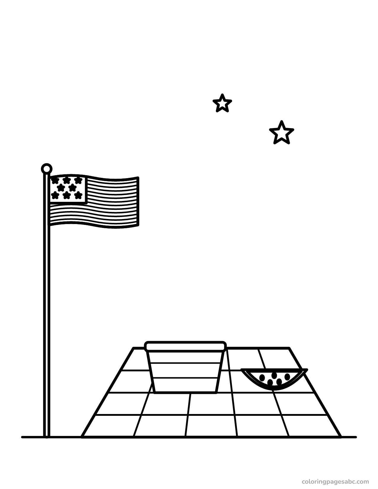 Checkered picnic blanket with a basket next to an American flag