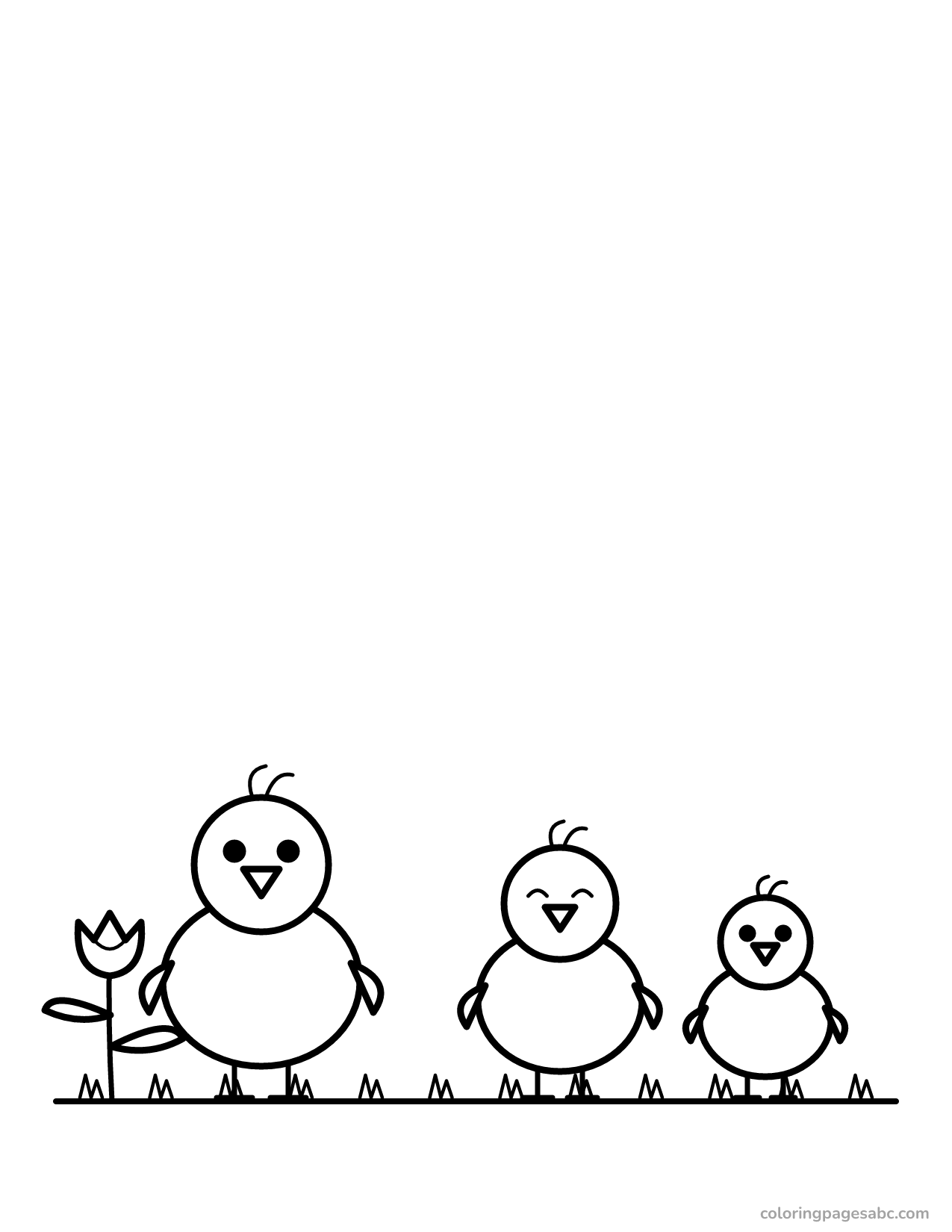 Three baby chicks in the spring grass coloring page