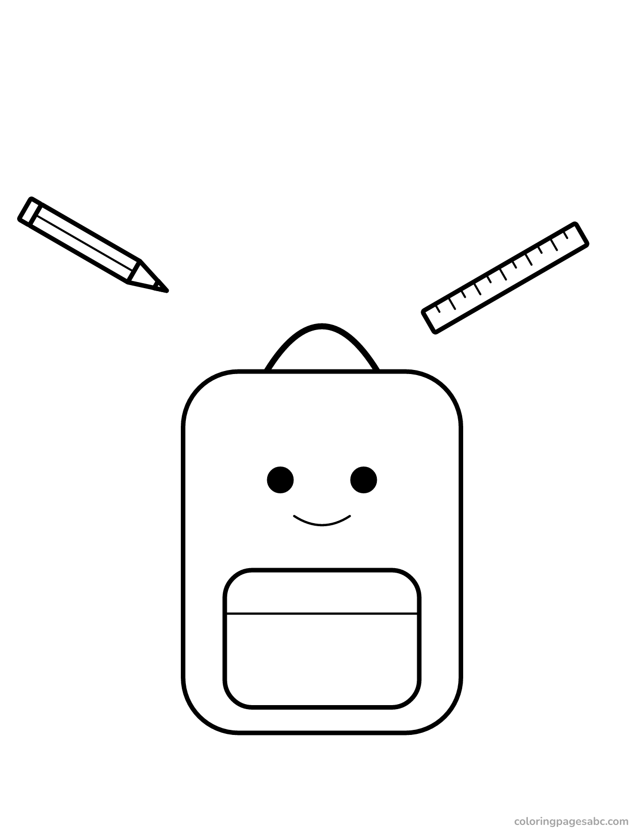 Smiling backpack with a pencil and a ruler coloring page