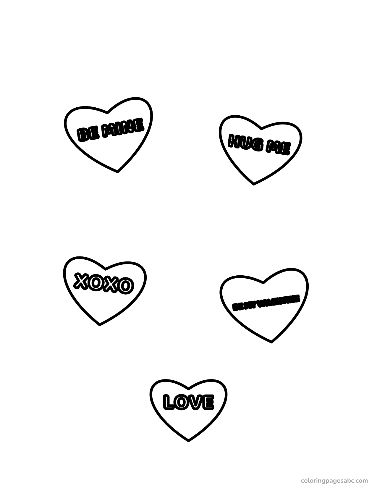 Five candy hearts with Be Mine, Hug Me and XOXO coloring page