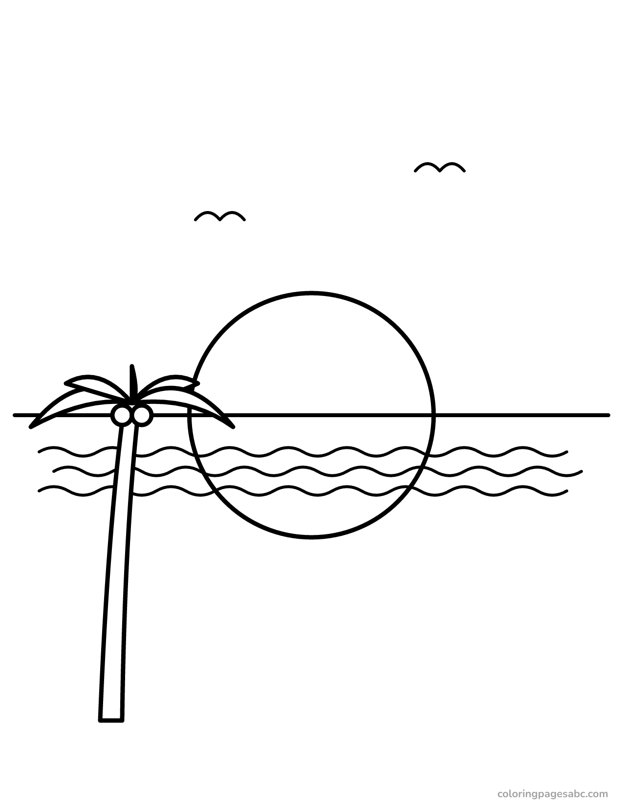 Big sun setting over the sea with a palm tree coloring page