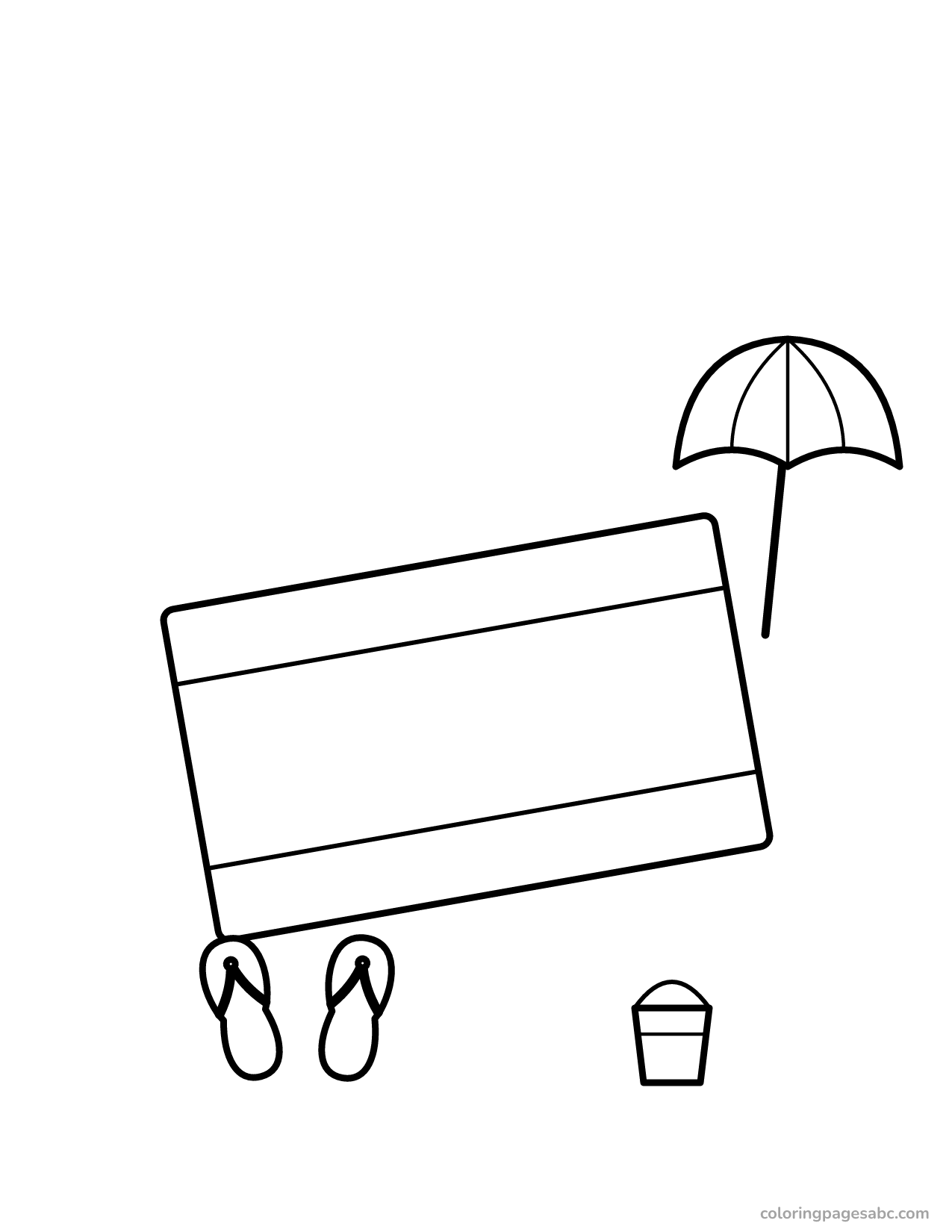 Striped beach towel with flip-flops, an umbrella and a bucket