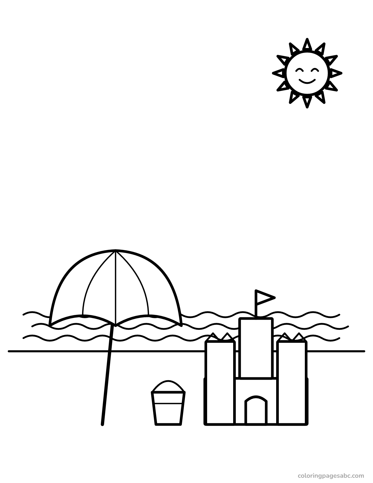 Beach umbrella, sandcastle and bucket by the sea coloring page