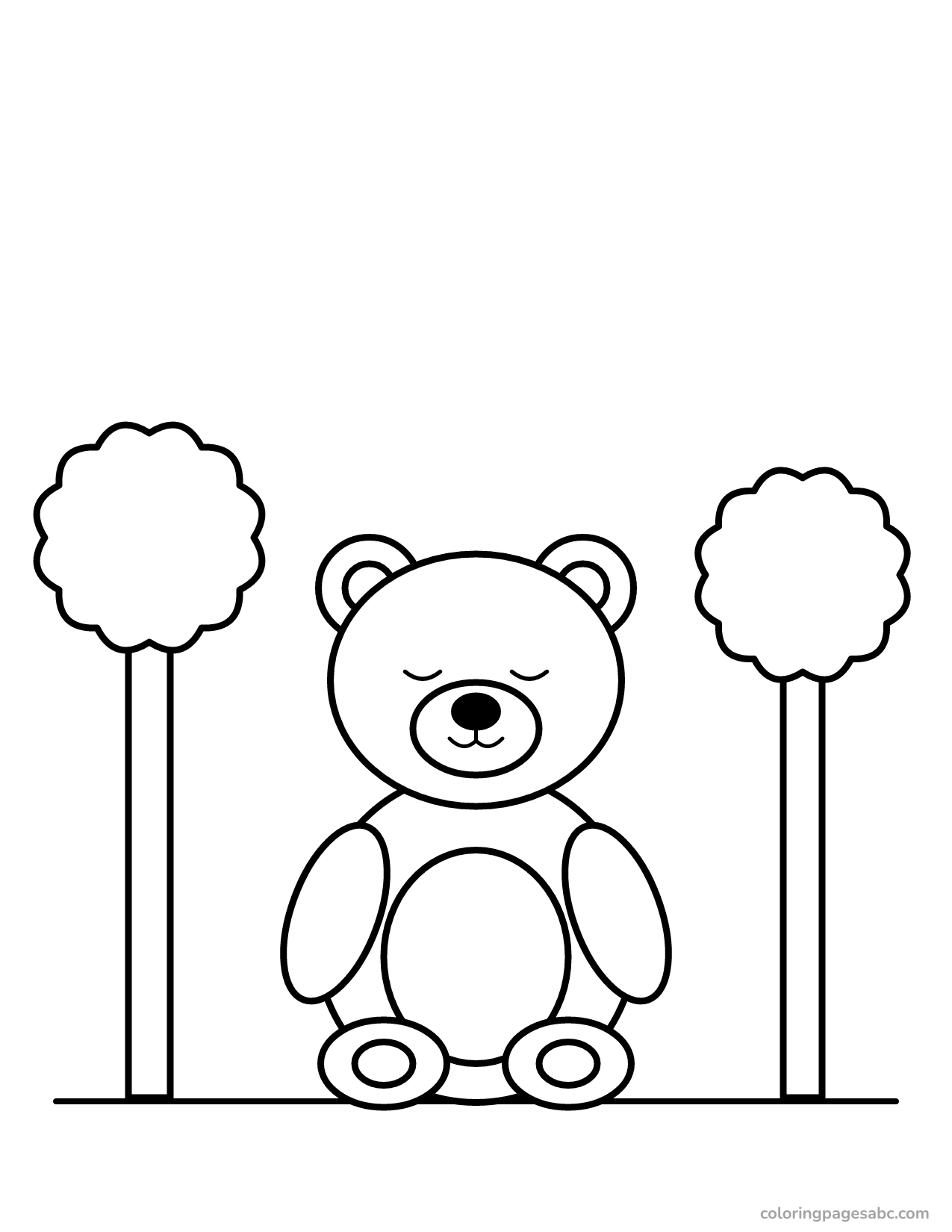 Sleepy cute bear between two trees coloring page