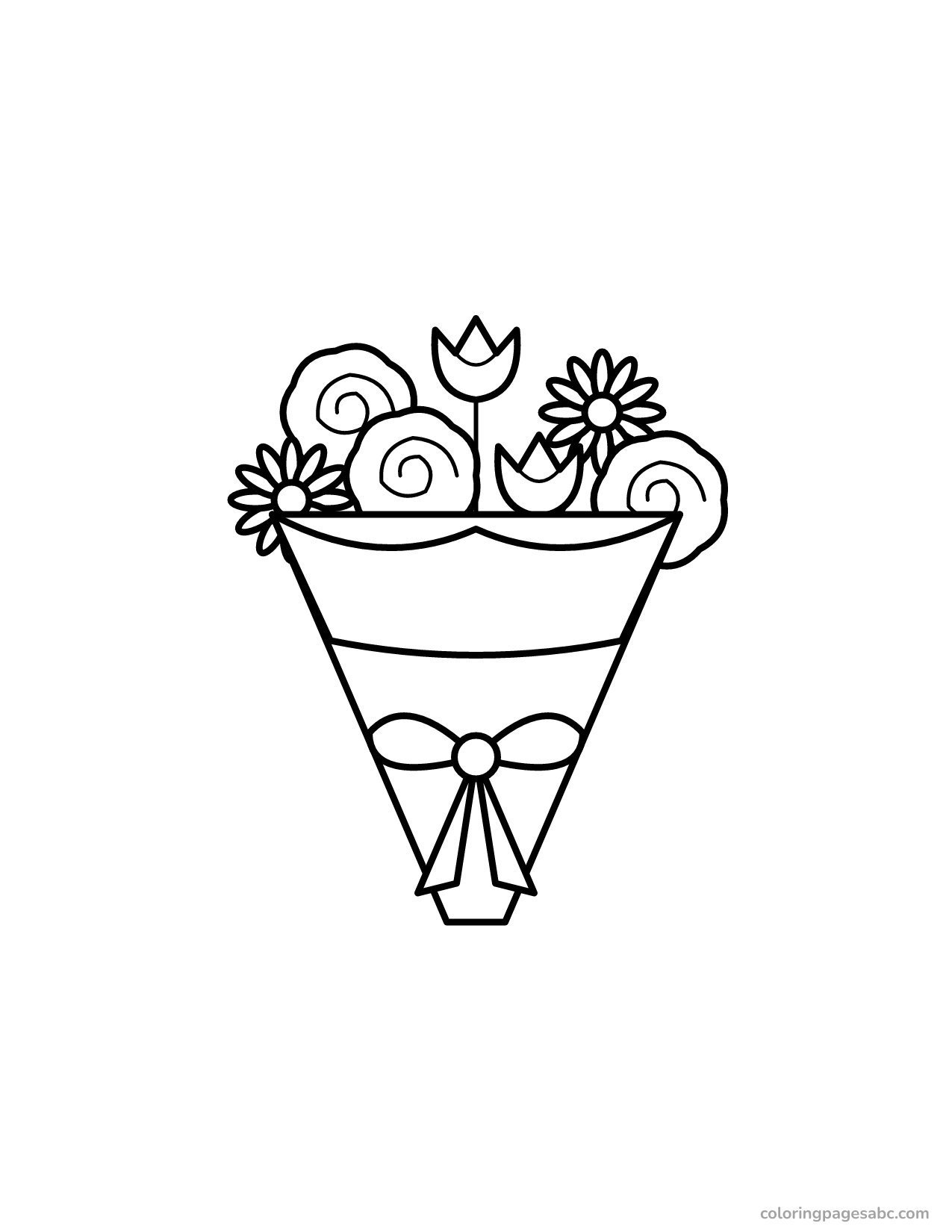 Bouquet of roses, tulips and daisies in paper with a bow