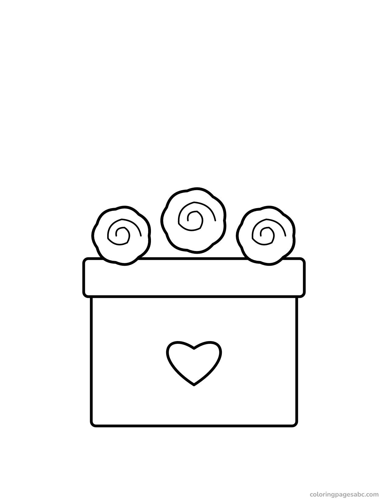 Gift box with a heart and three roses coloring page