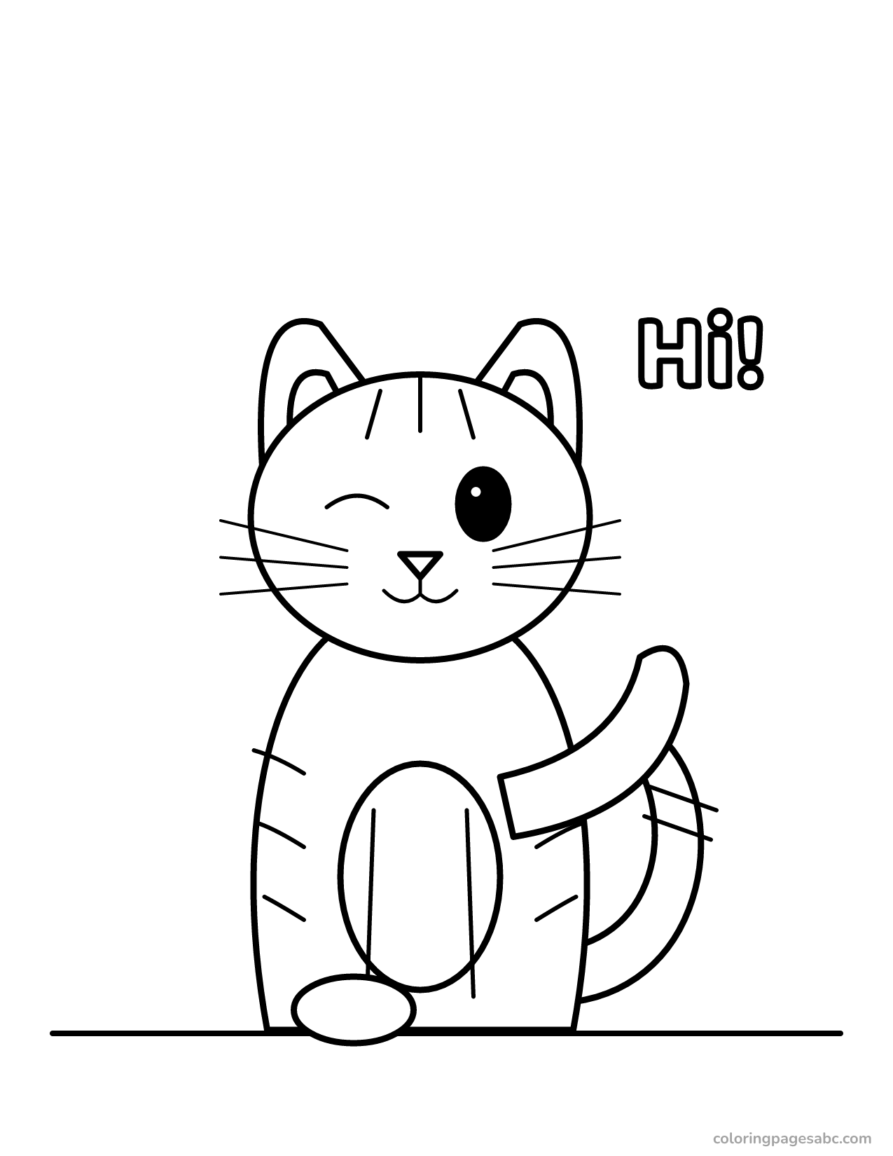 Winking striped cartoon cat waving and saying Hi coloring page