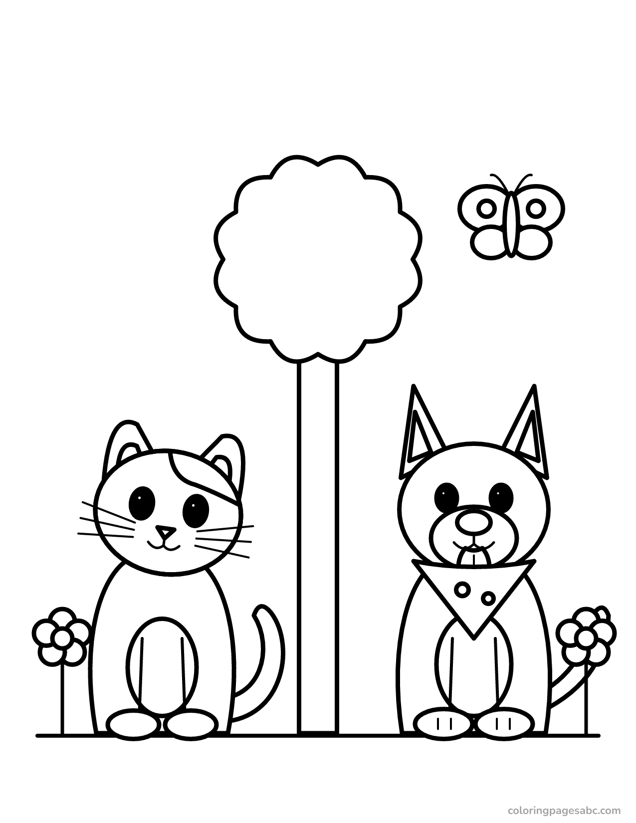 Cat and dog in the garden to color online