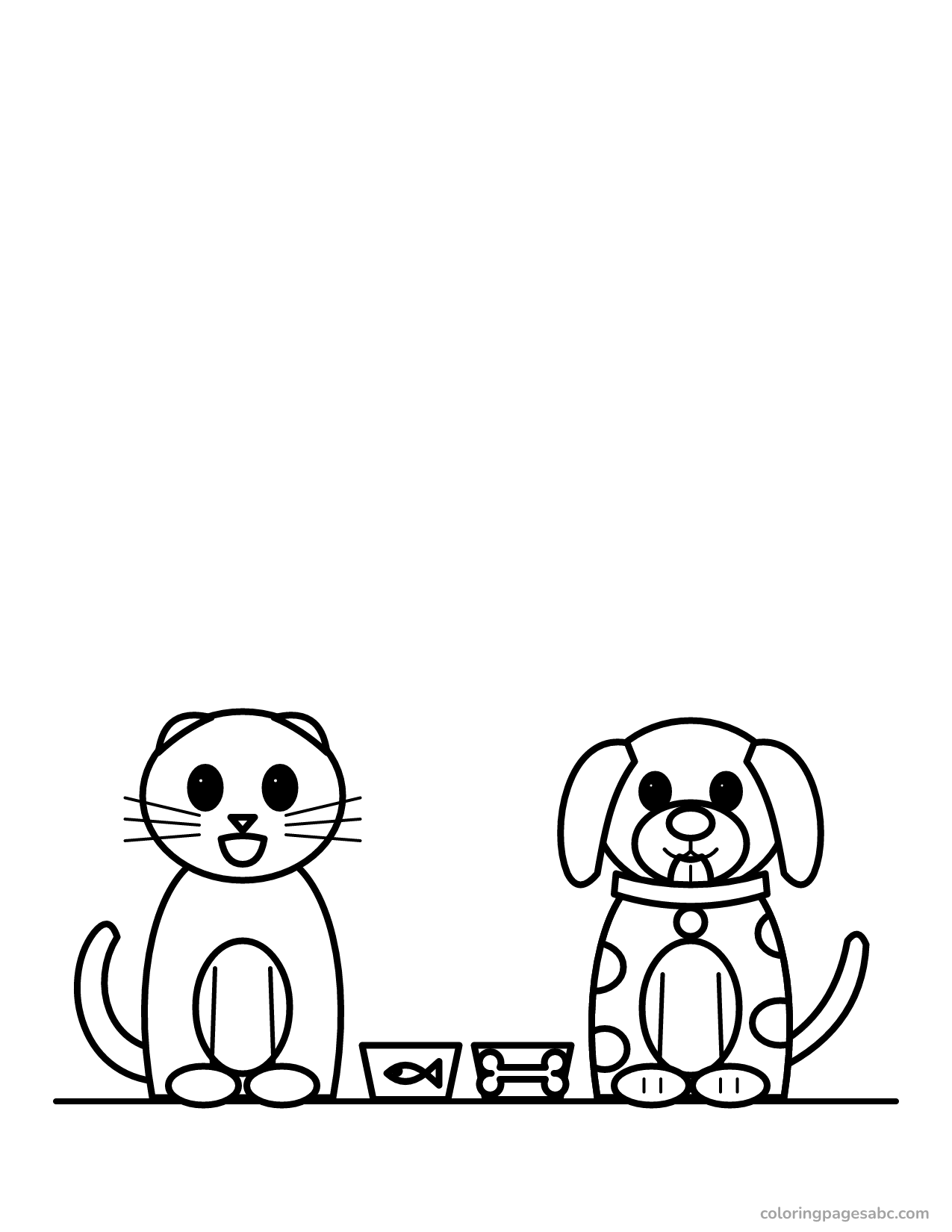 Cat and dog with bowls to color online