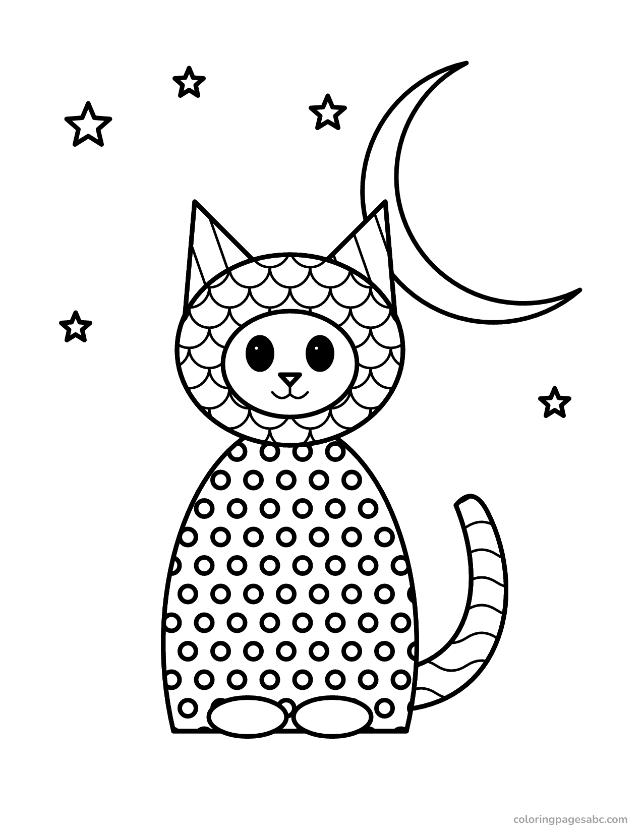 Patterned cat under a big crescent moon and stars for adults