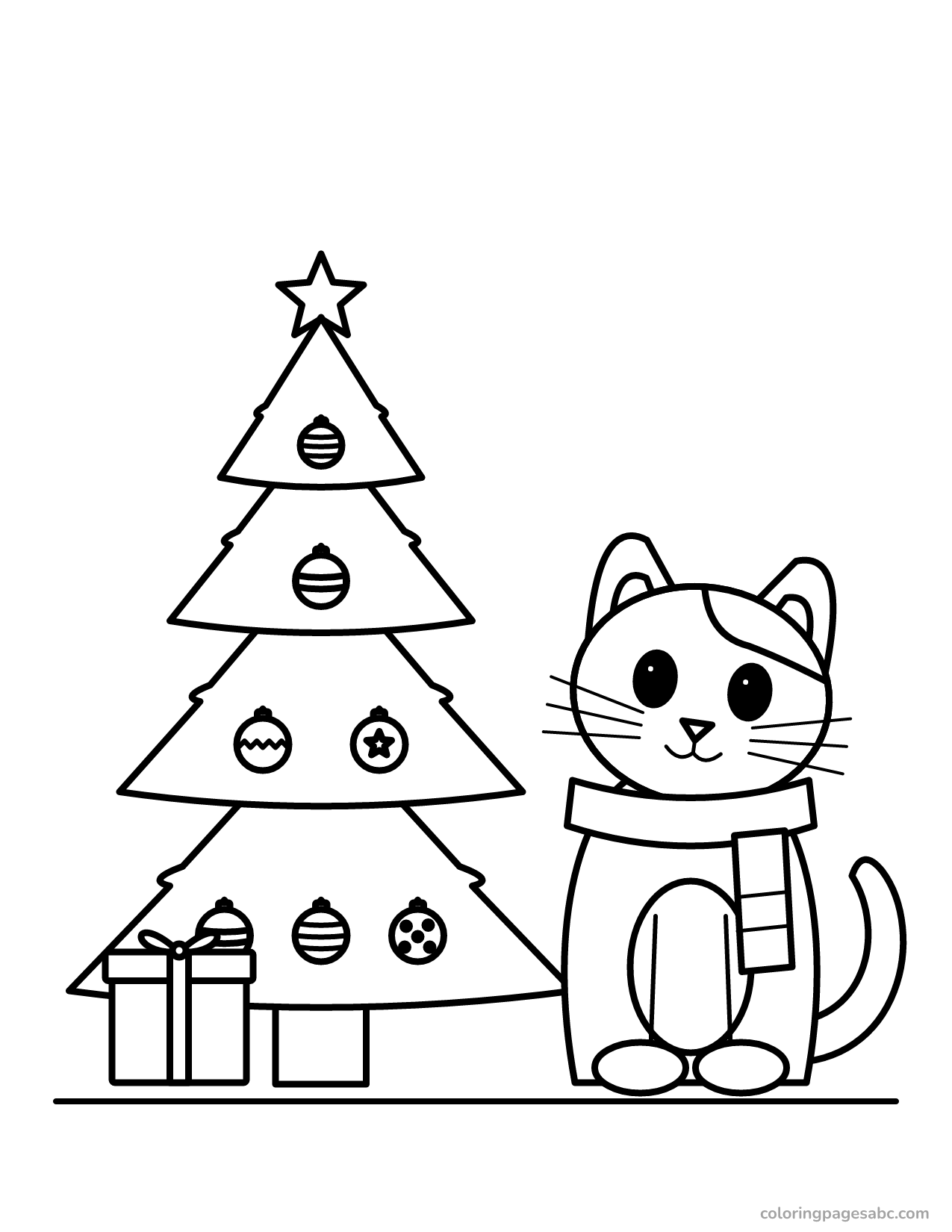Cat by the Christmas tree to color online