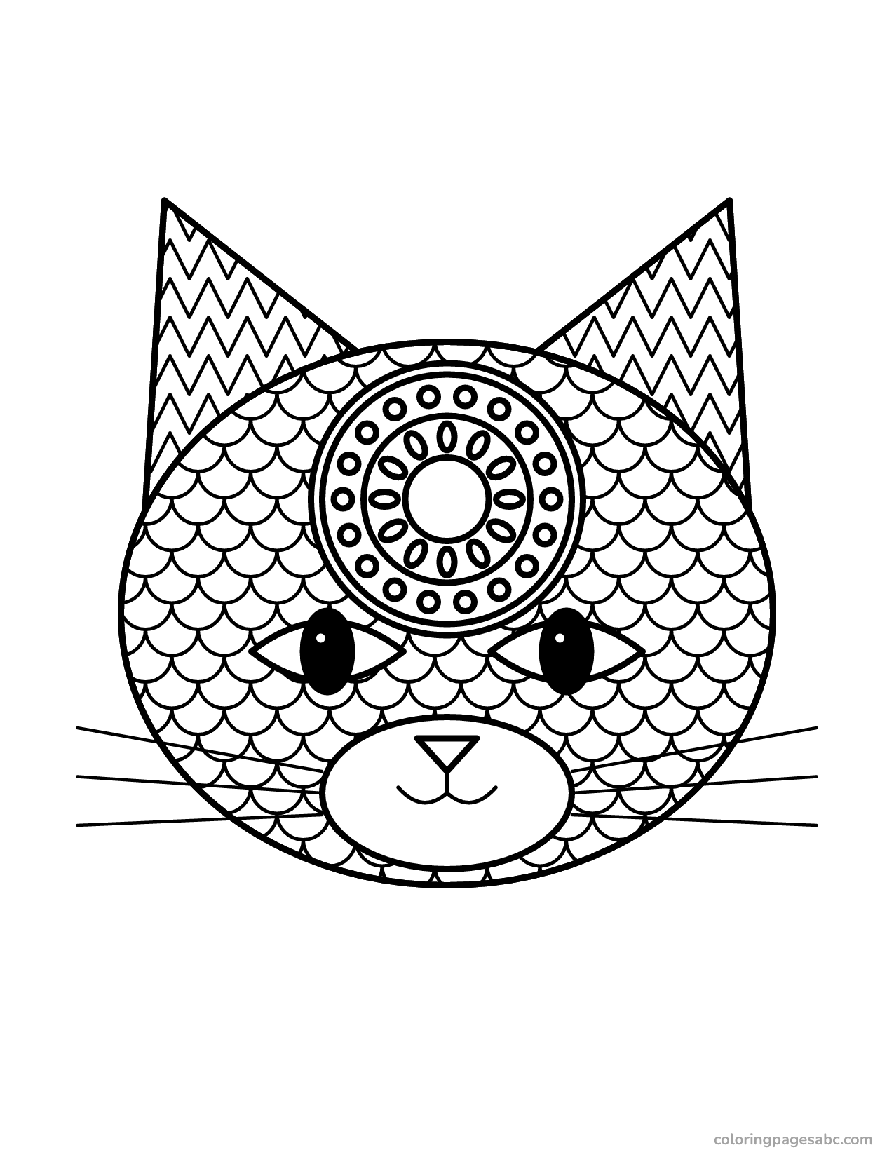 Big cat head with a mandala and patterns coloring page for adults