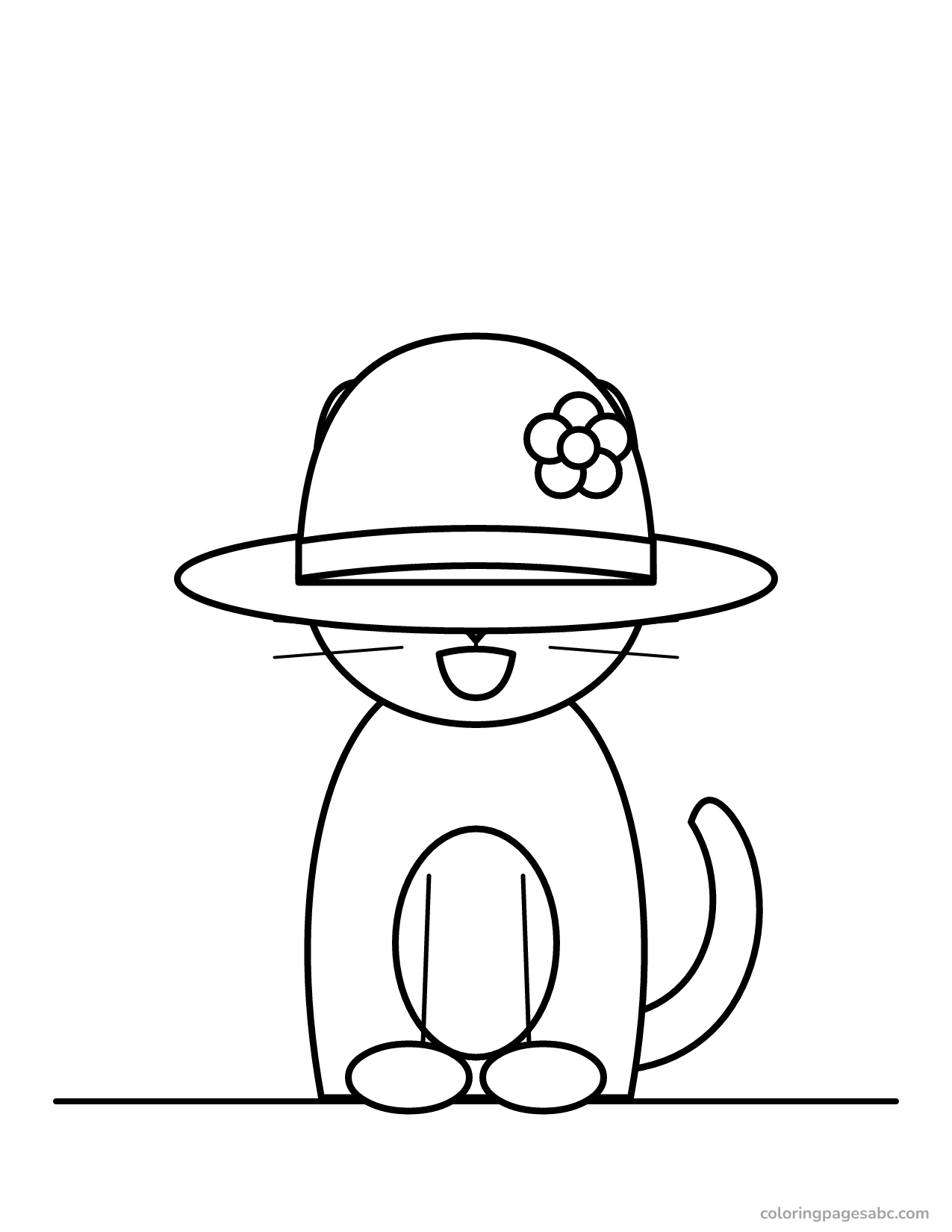 Cat wearing a hat that is much too big coloring page