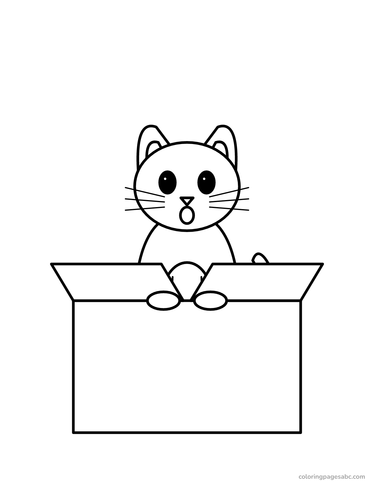 Surprised cat squeezed into a cardboard box coloring page
