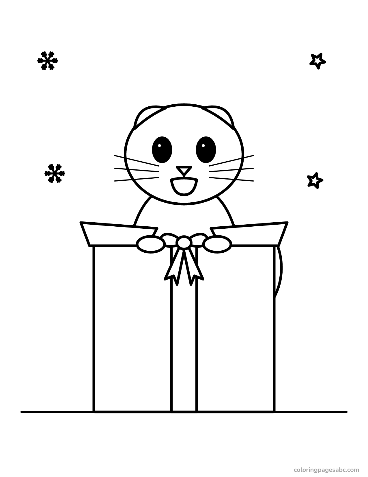 Cat in a Christmas present to color online