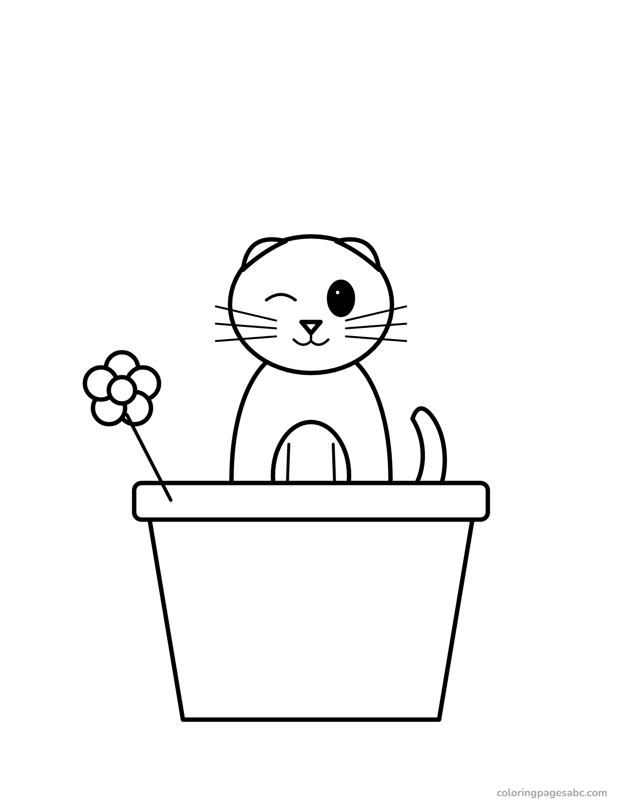 Winking cat sitting in a flower pot coloring page