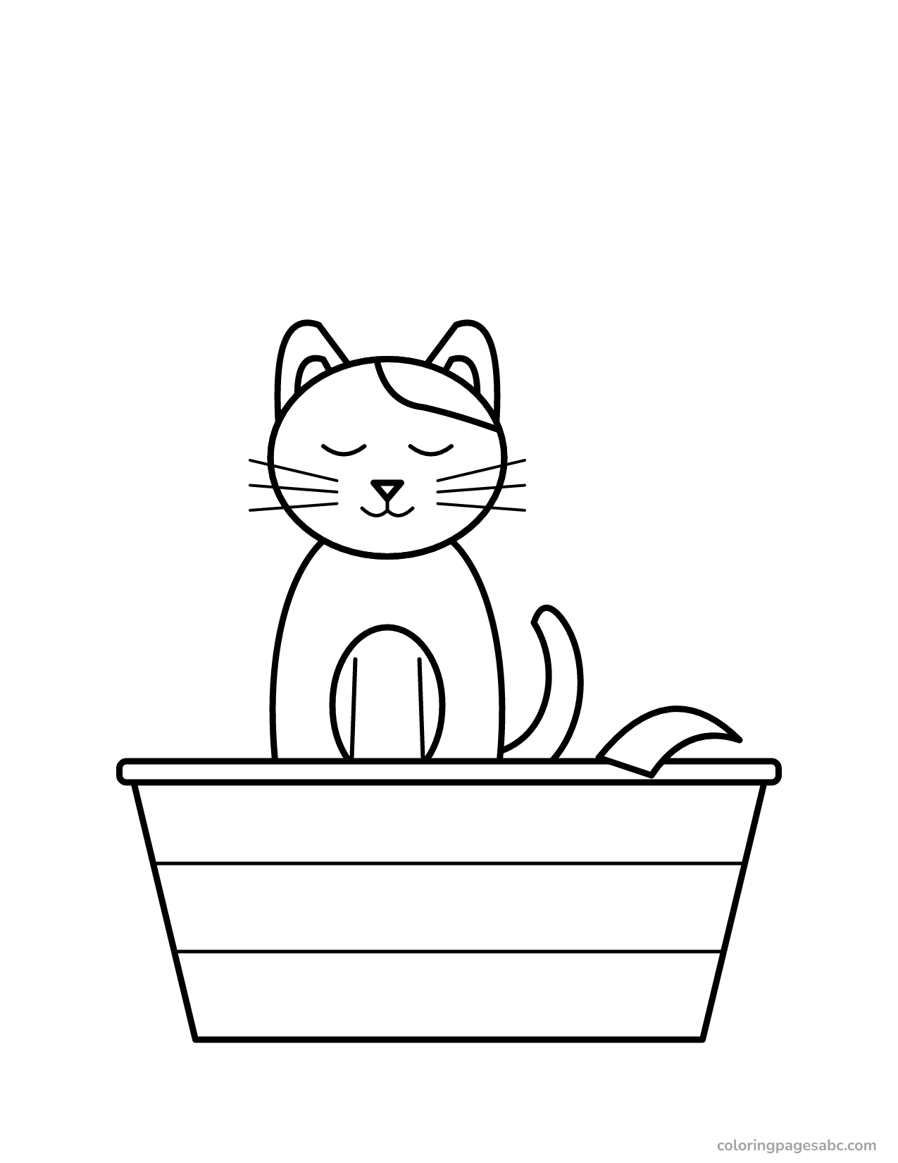 Sleepy cat in a laundry basket with a sock coloring page