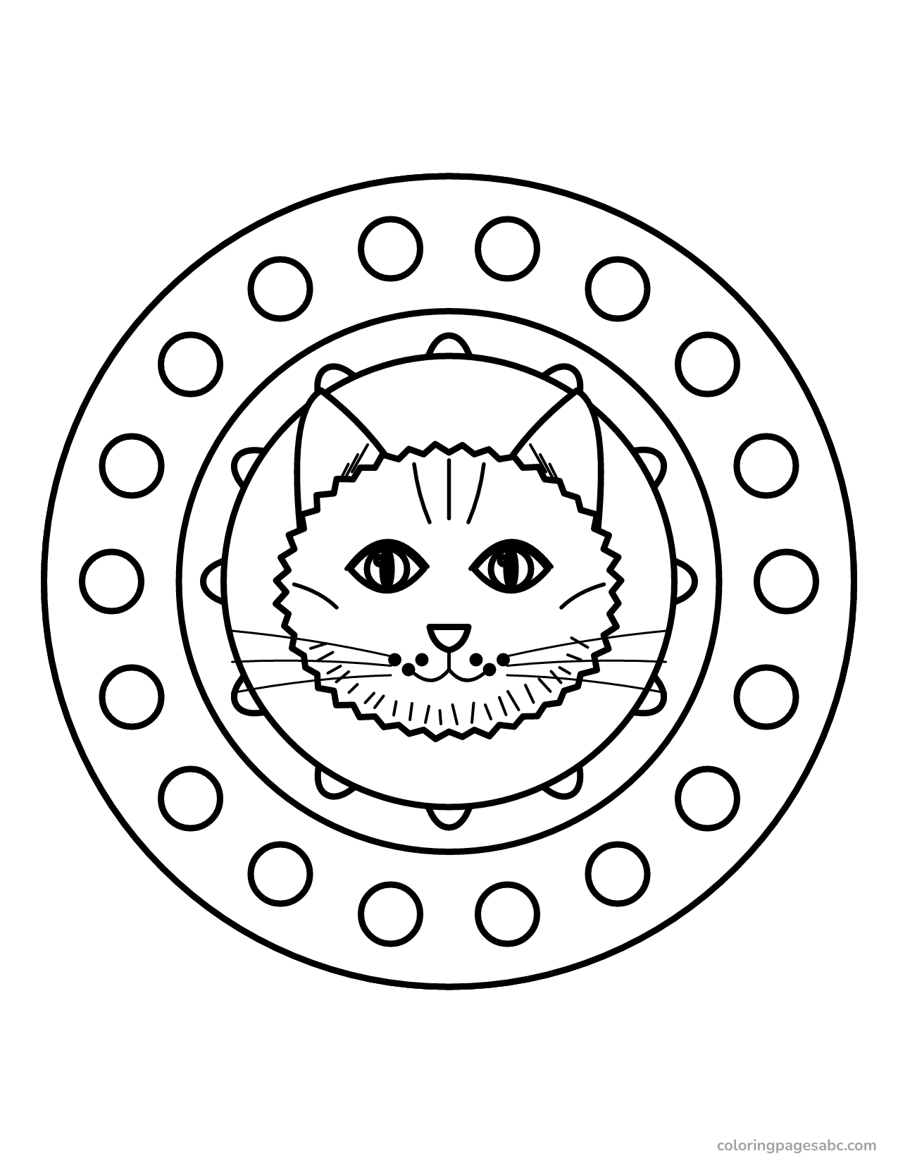 Realistic cat face inside a mandala coloring page for adults