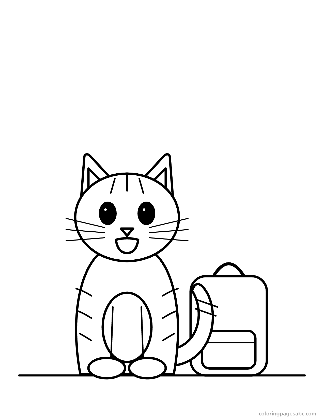 Happy tabby cat sitting next to a backpack coloring page