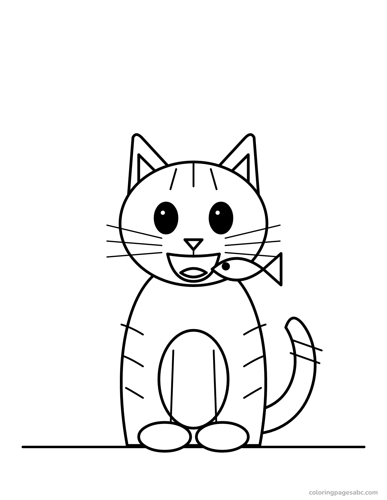 Laughing striped cat with a fish at its mouth coloring page