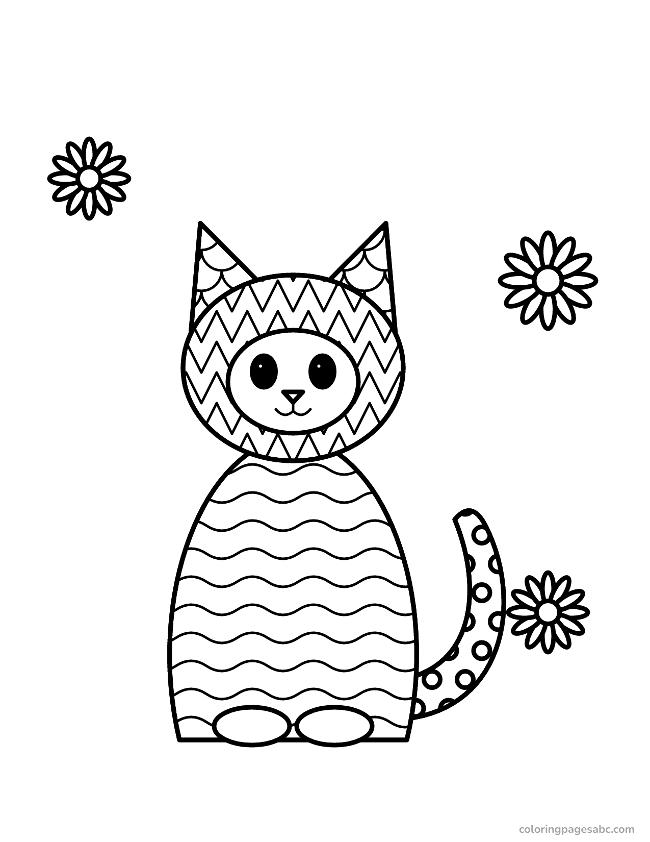 Patterned cat with three daisies coloring page for adults