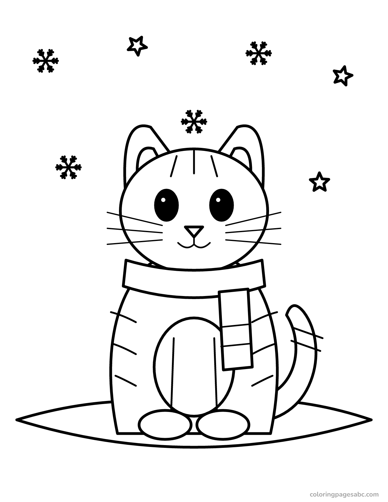 Cat with a scarf in the snow to color online