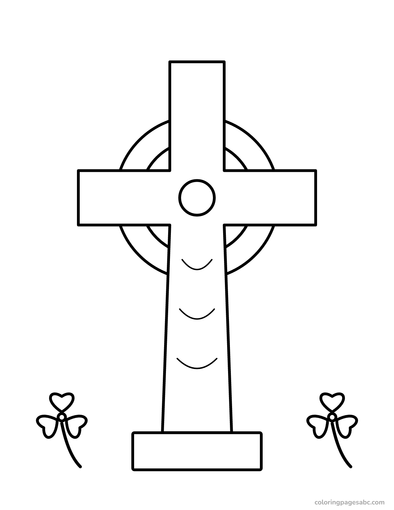 Celtic cross with a ring and two shamrocks coloring page