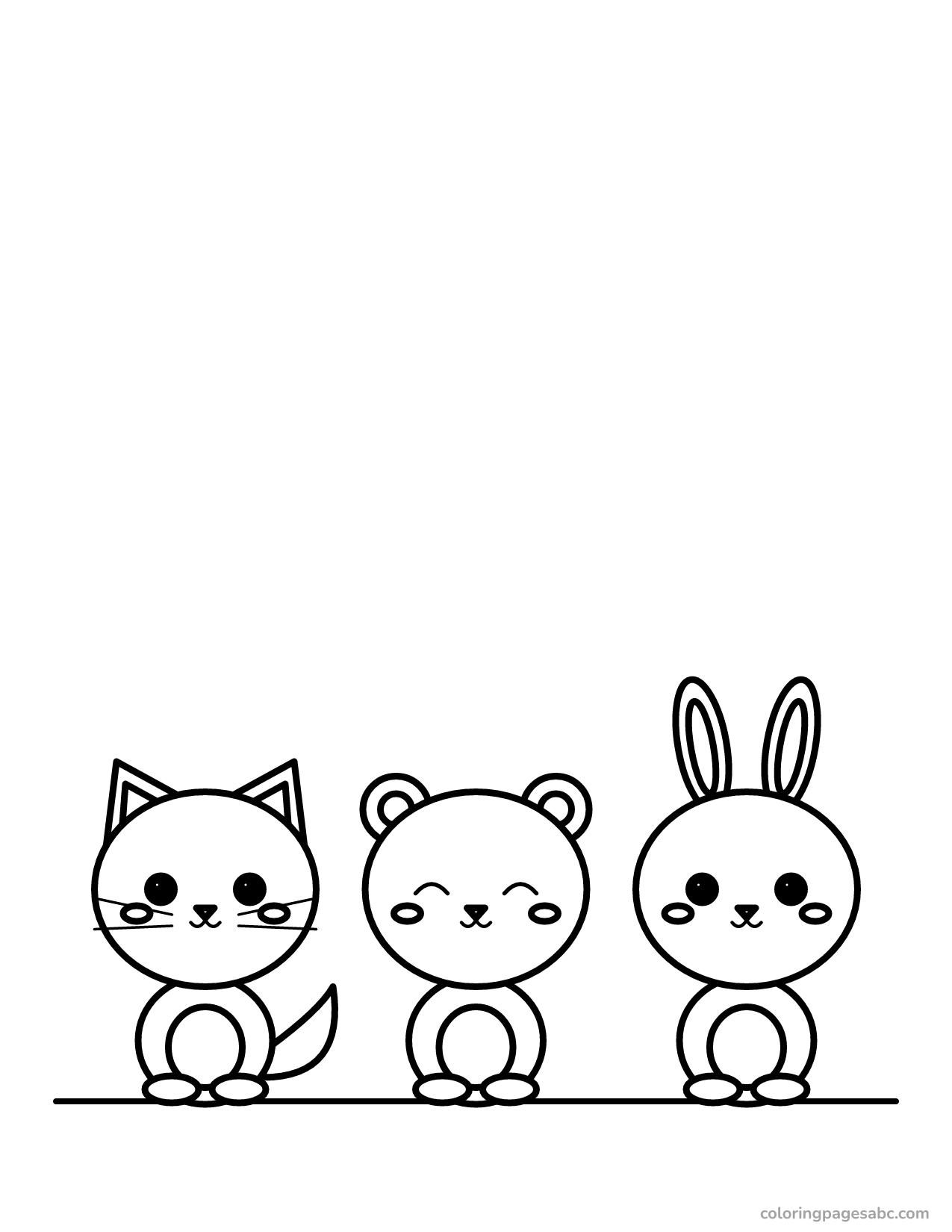 Chibi cat, bear and bunny side by side coloring page