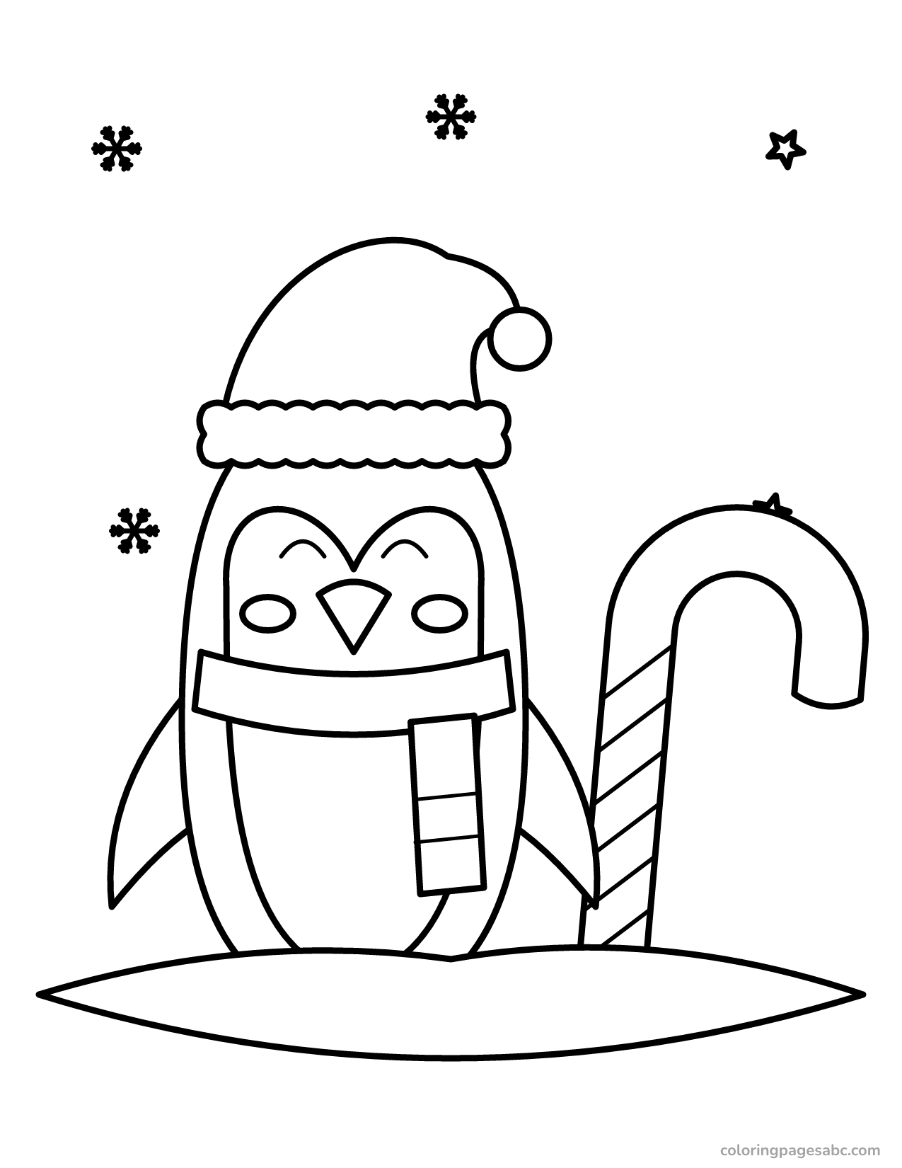 Penguin with a candy cane to color online