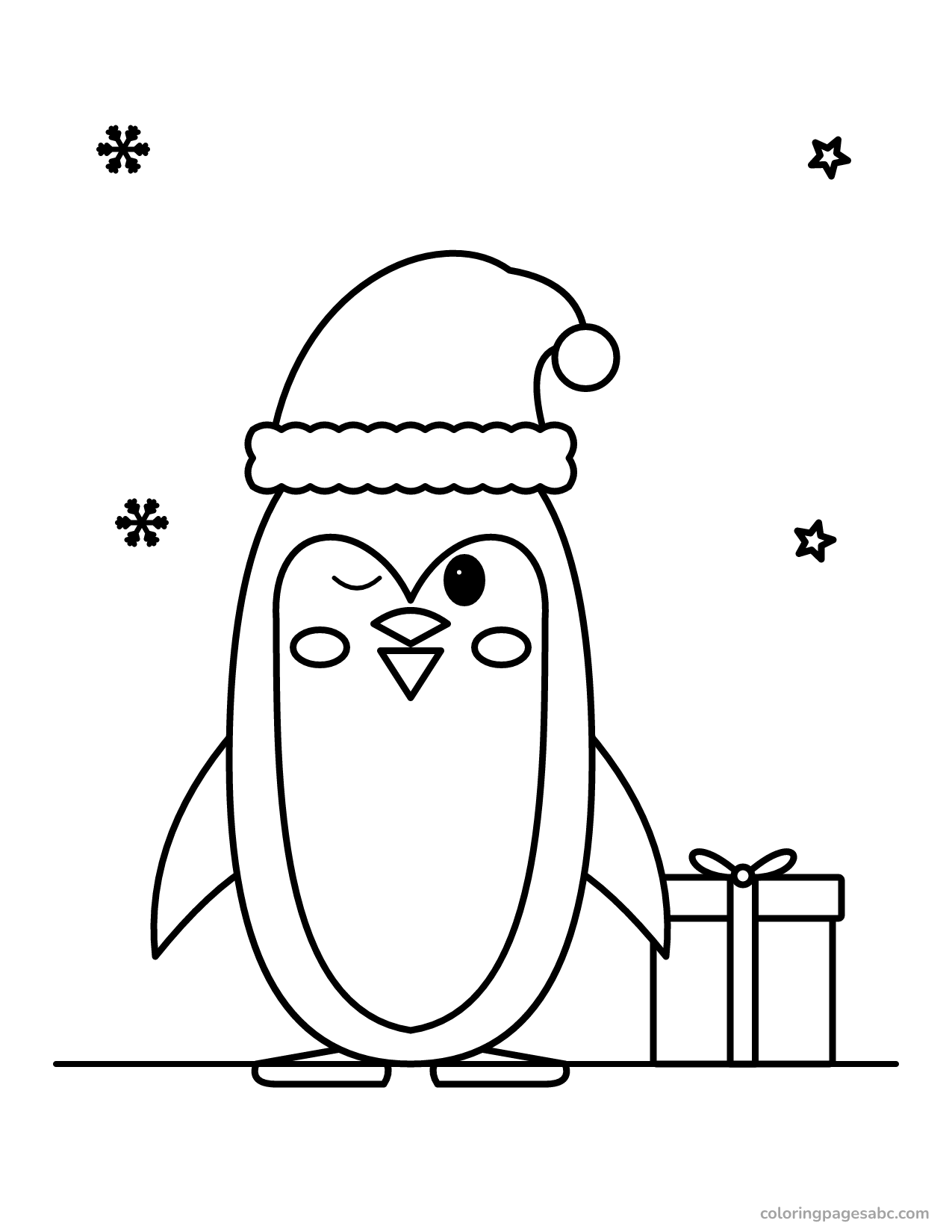 Christmas penguin with a present to color online