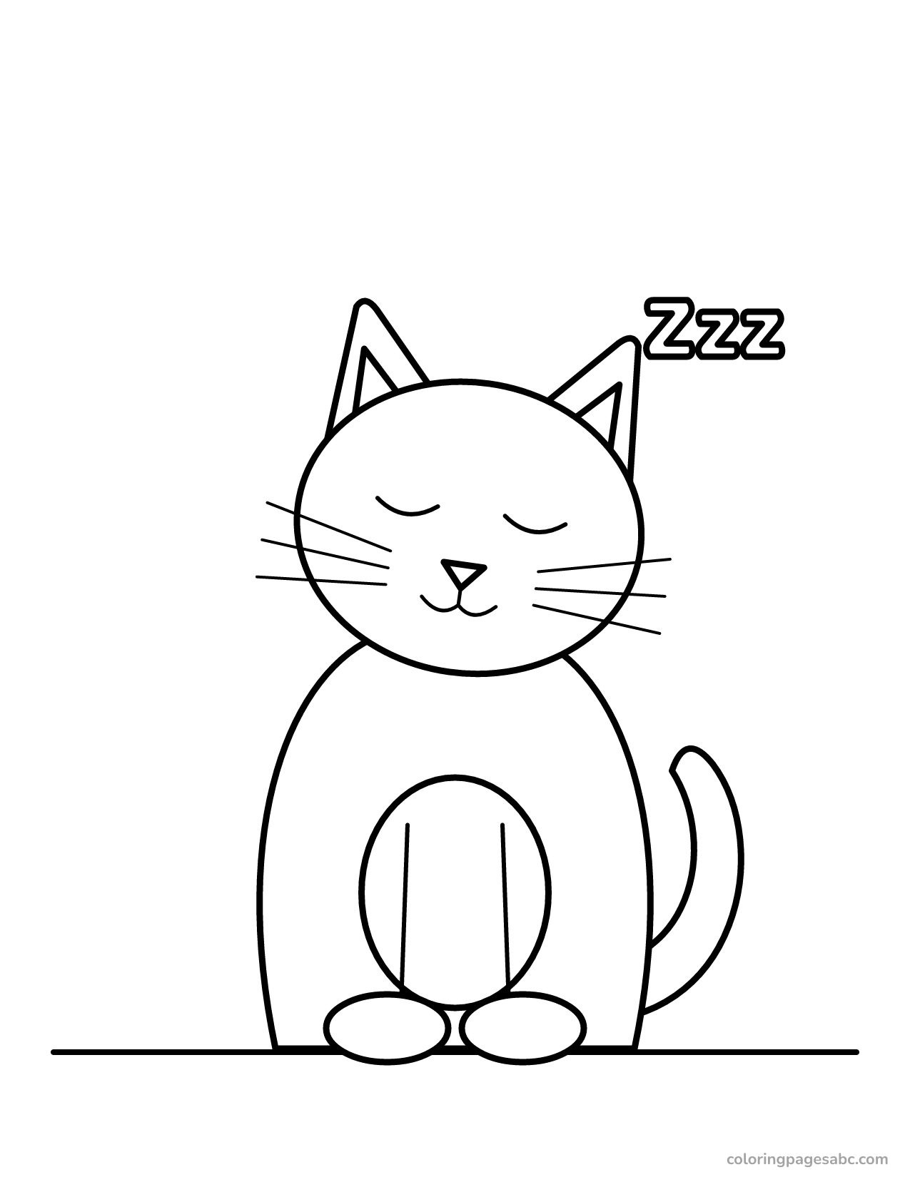 Chubby cartoon cat with closed eyes falling asleep coloring page