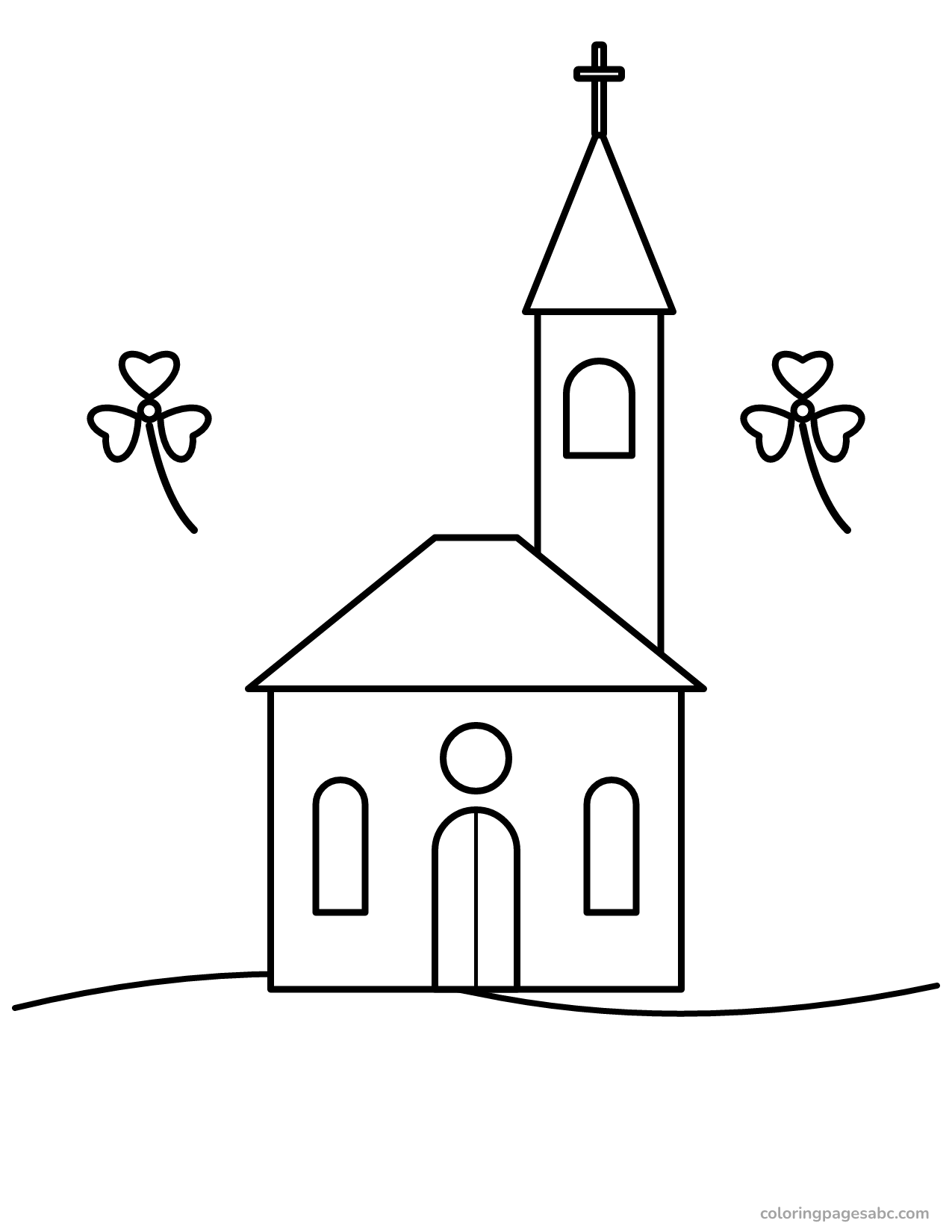 Little church on a hill with shamrocks coloring page