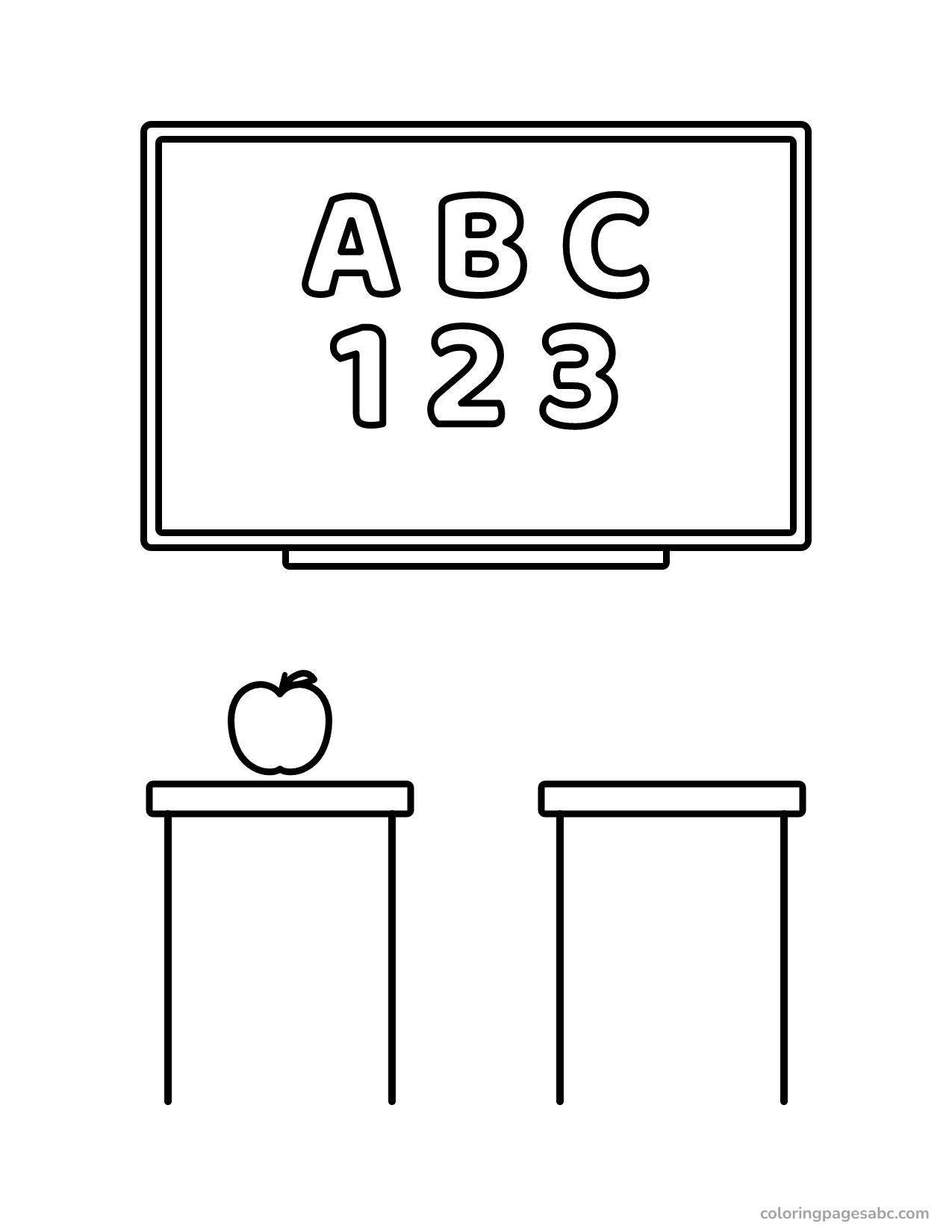 Classroom chalkboard with ABC and 123, two desks and an apple