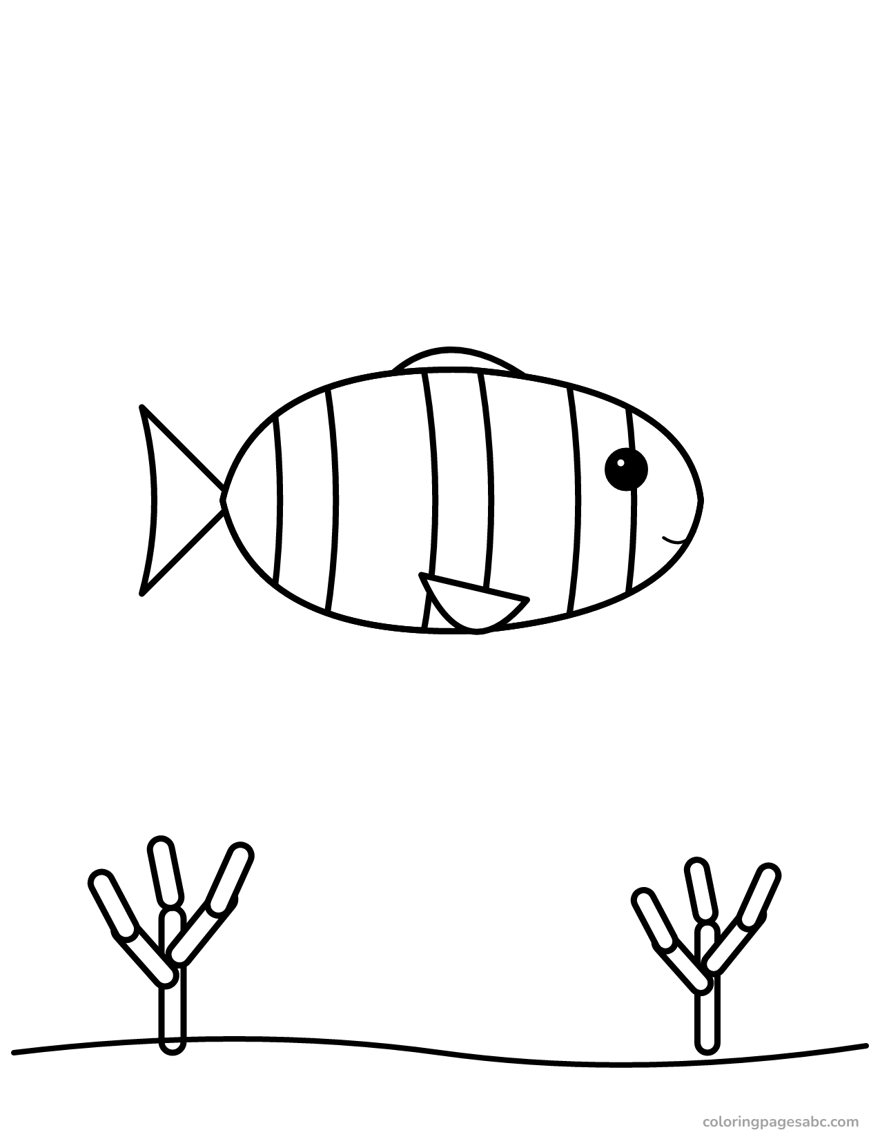 Clownfish with three bands swimming above coral coloring page