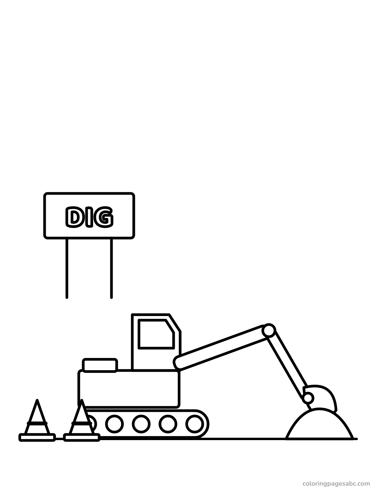 Construction site with an excavator, cones and a sign coloring page