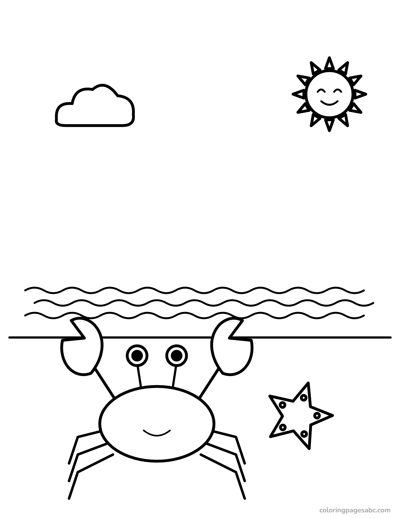 Smiling crab and a starfish on the beach coloring page