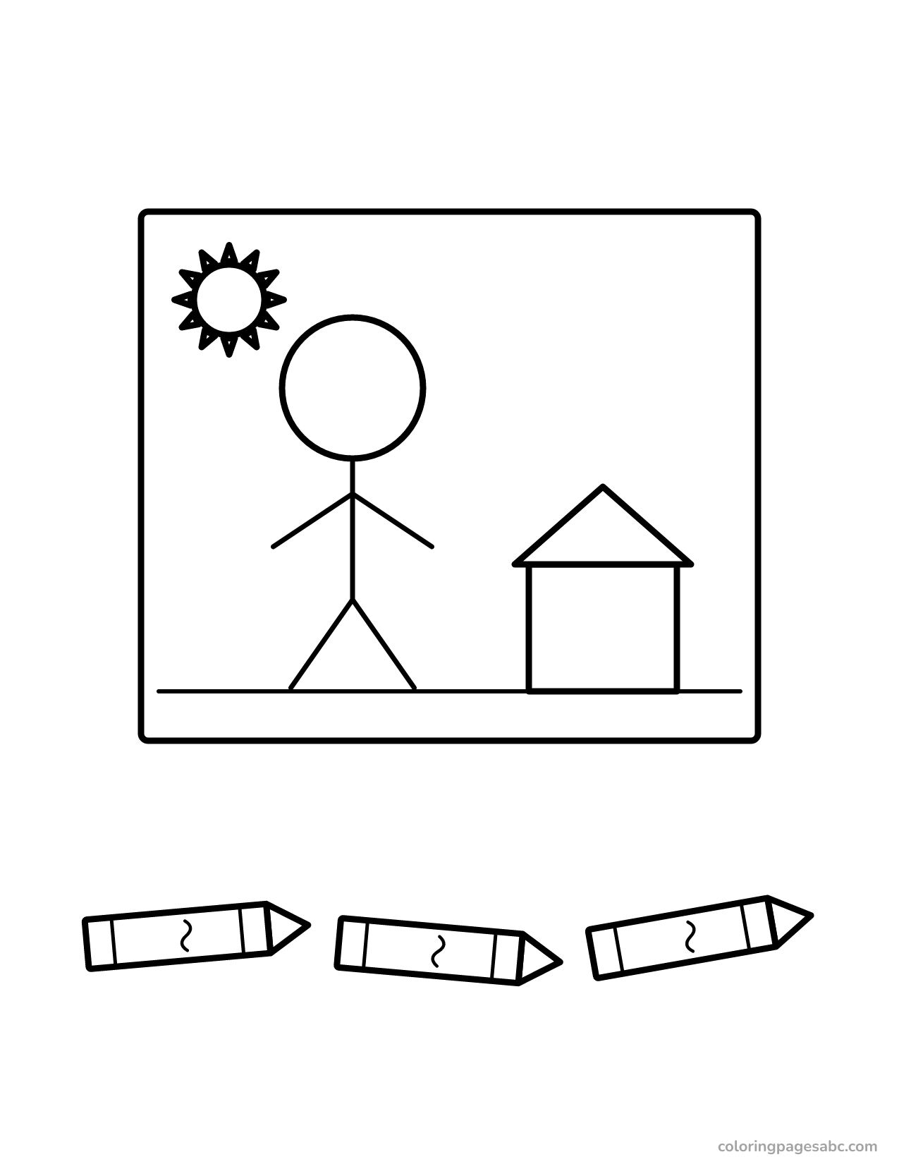 Kid drawing of a person, sun and house with three crayons