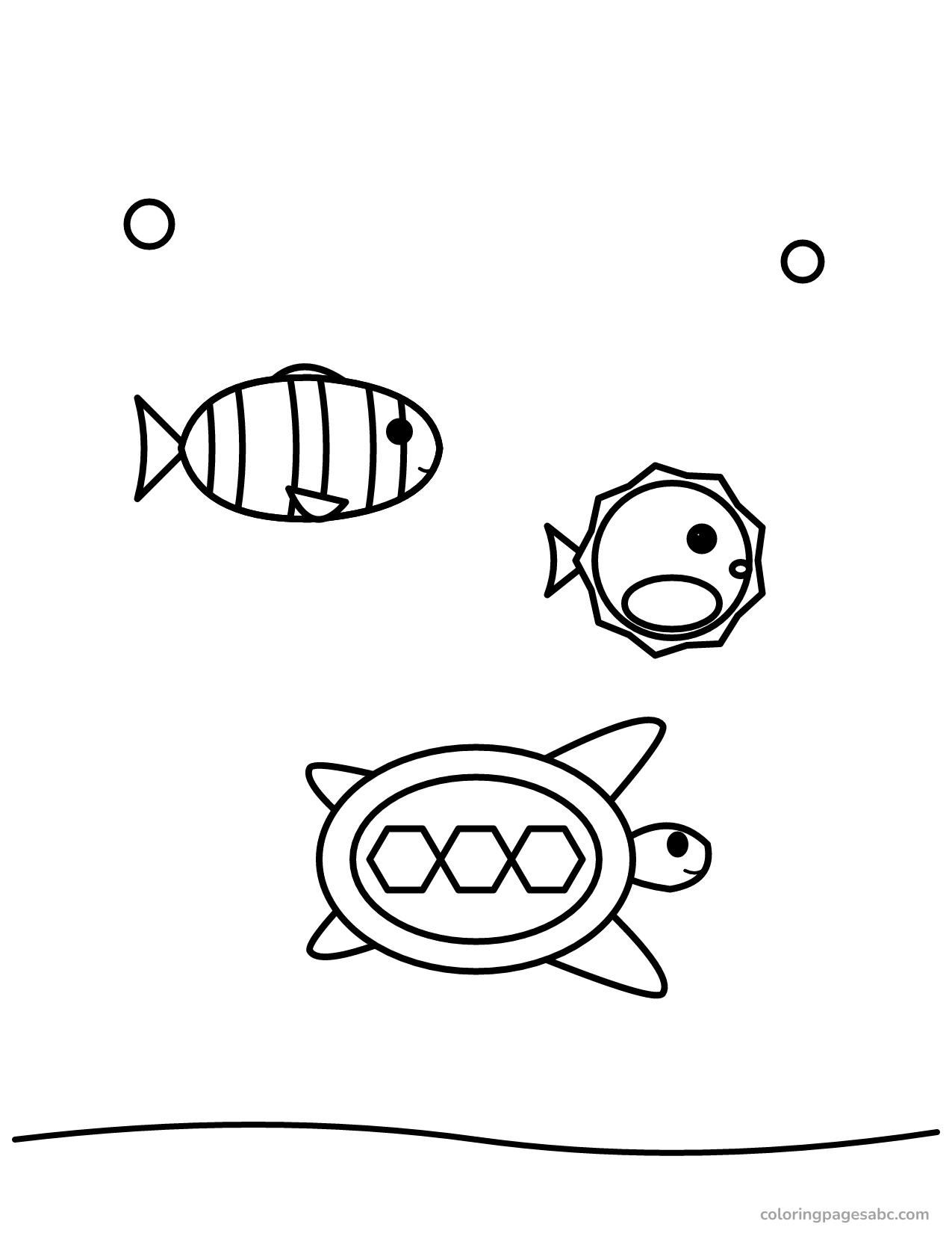 Clownfish, pufferfish and sea turtle swimming together coloring page