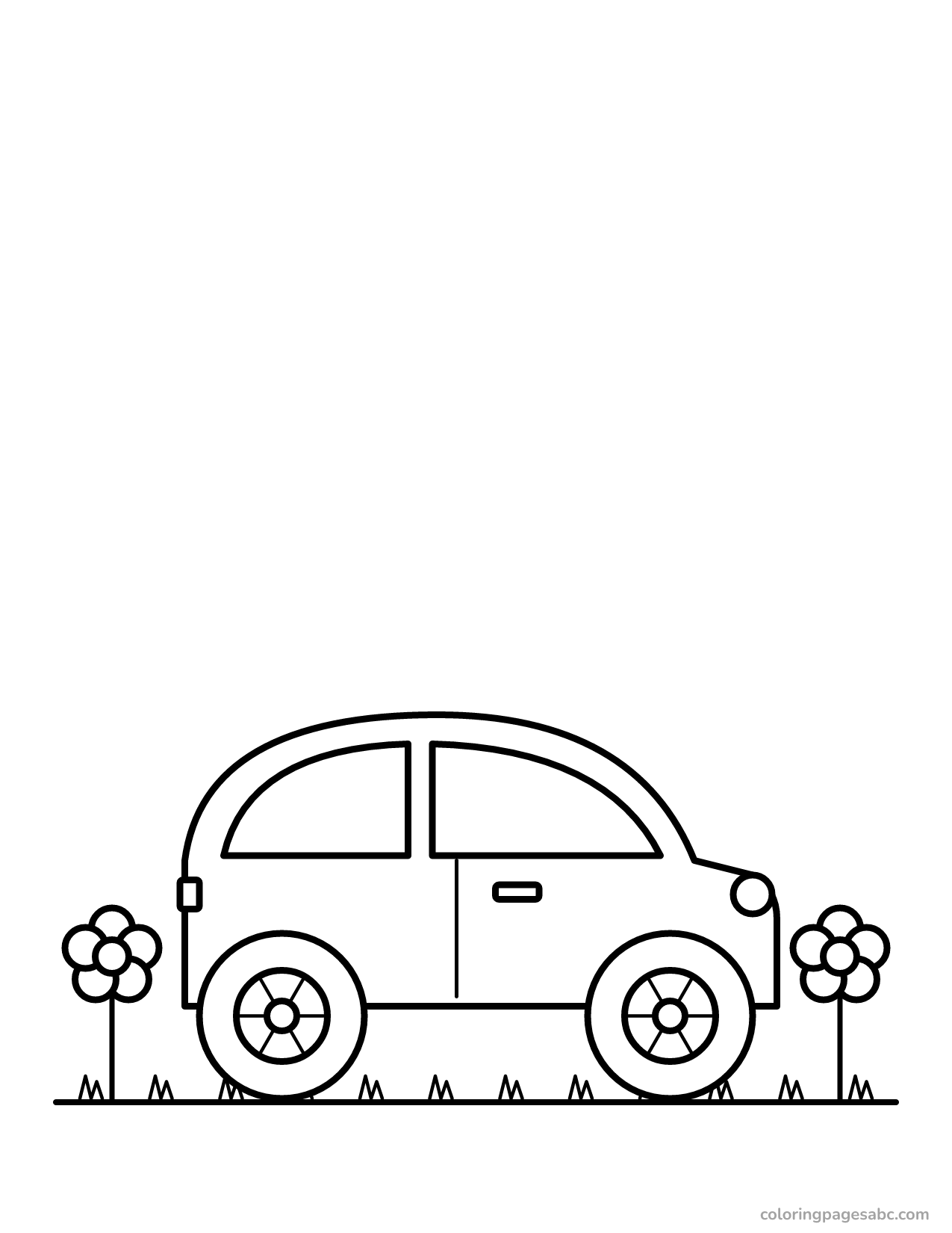 Cute small round car in the grass with flowers coloring page