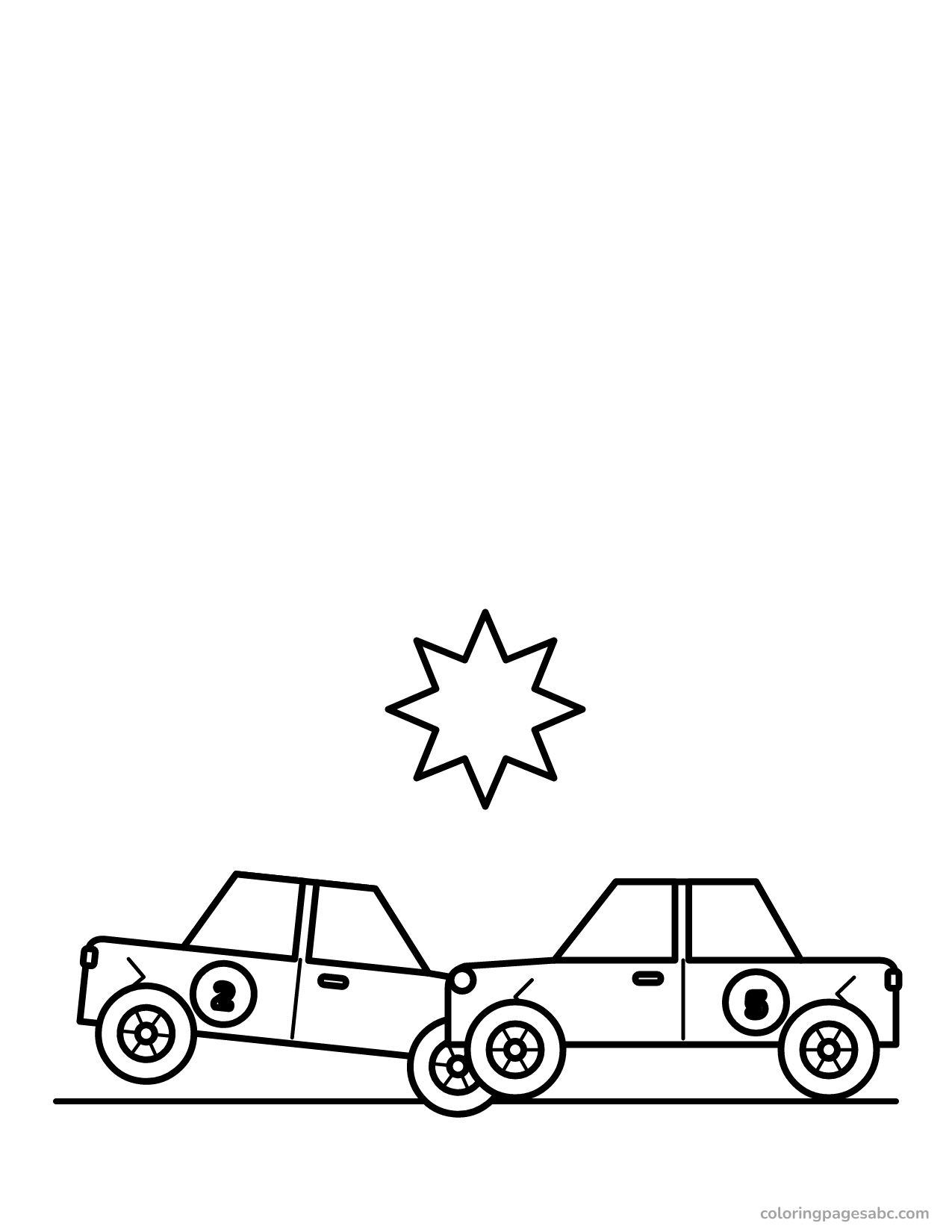 Two dented derby cars crashing into each other coloring page