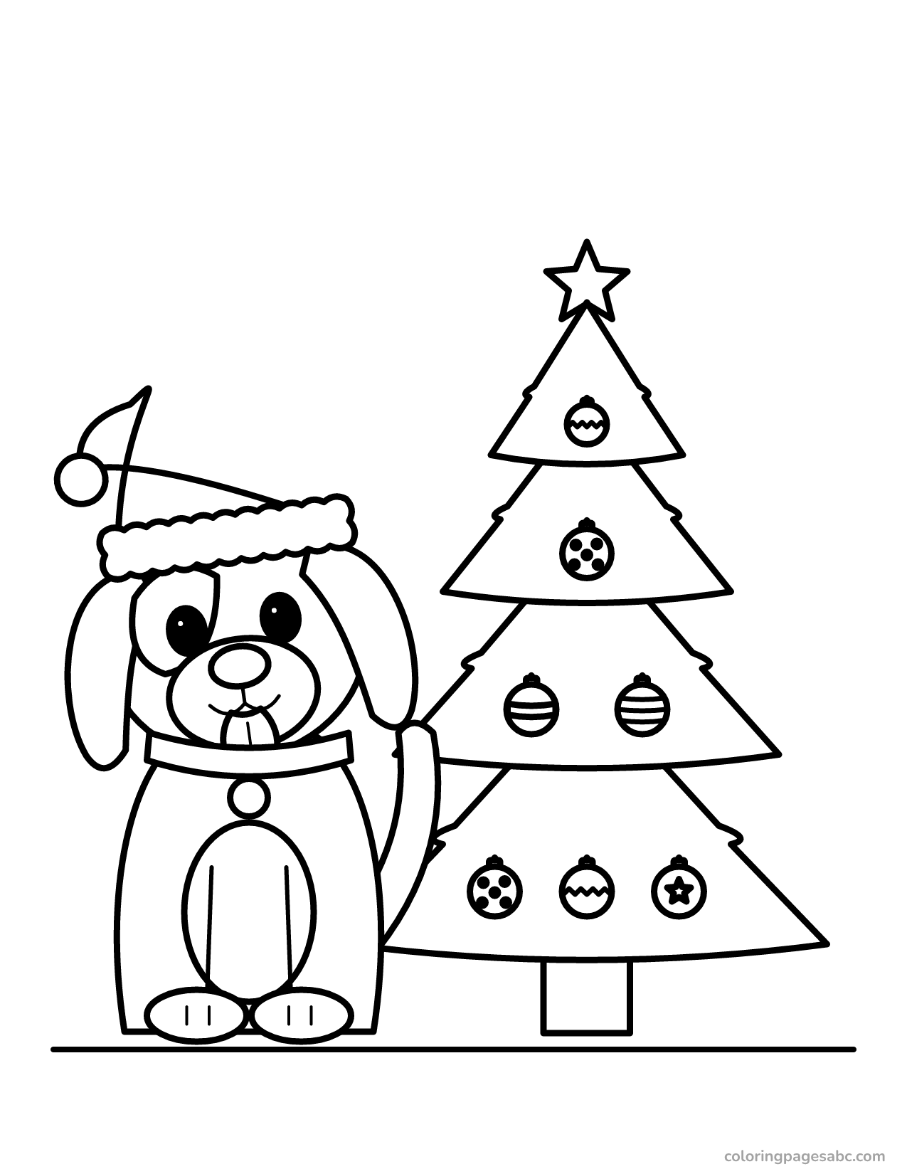 Dog by the Christmas tree to color online