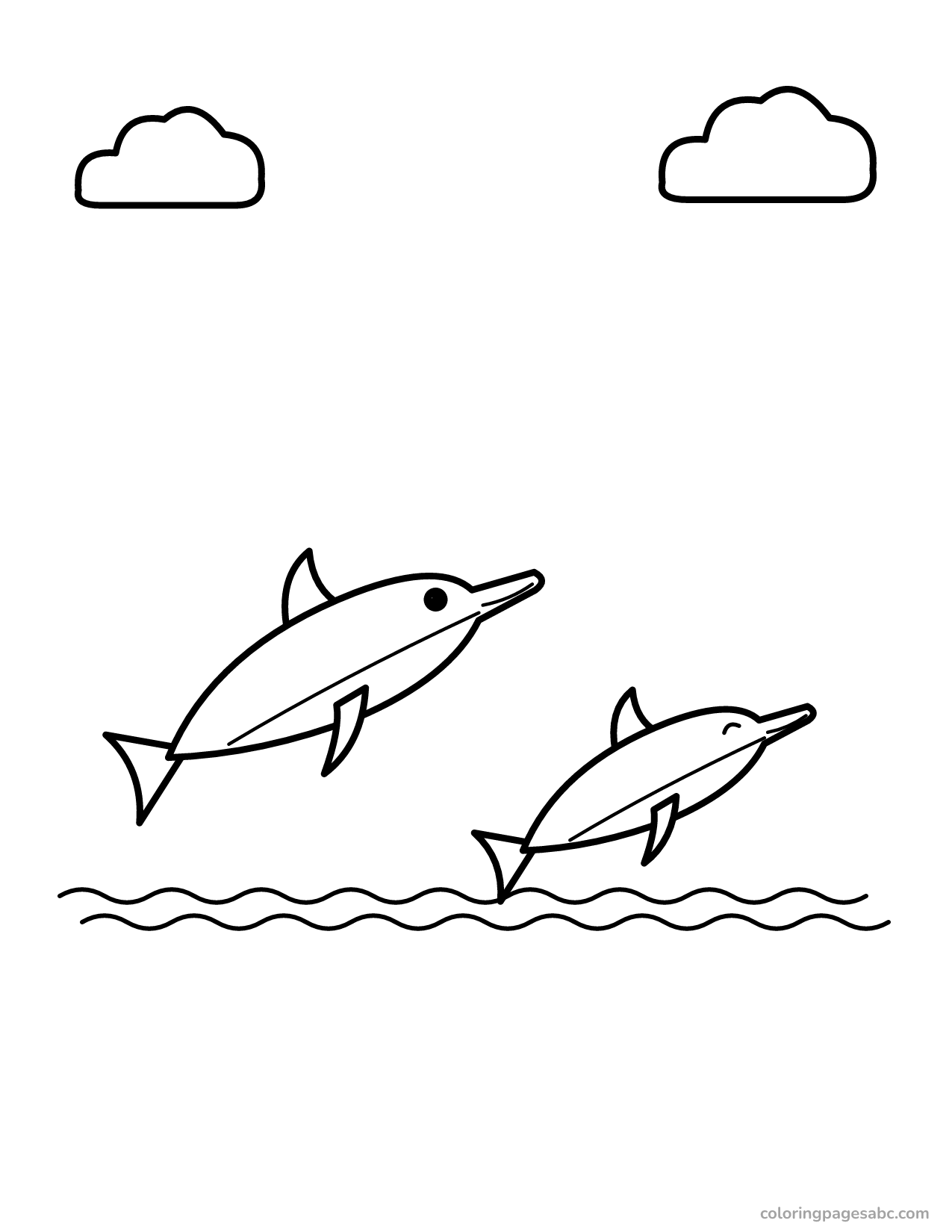 Two dolphins jumping out of the ocean waves coloring page