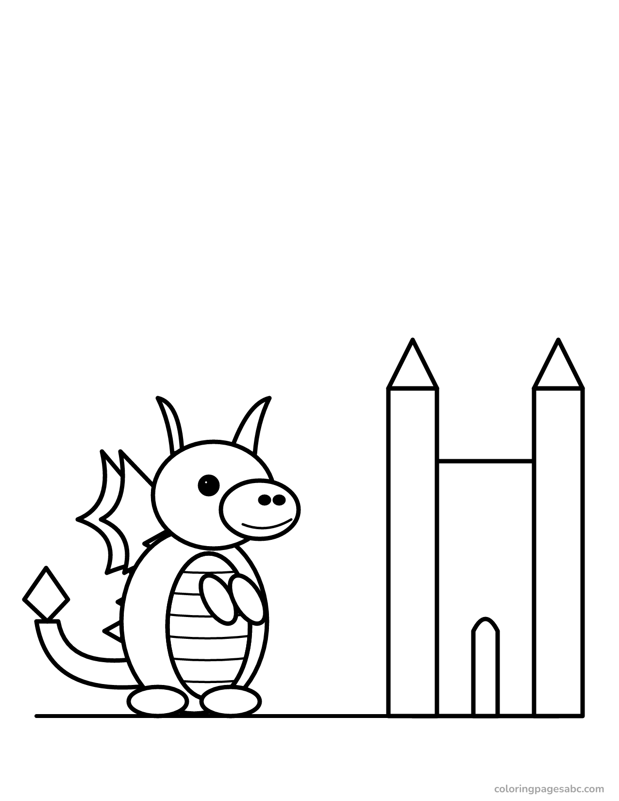 Dragon standing in front of a castle coloring page