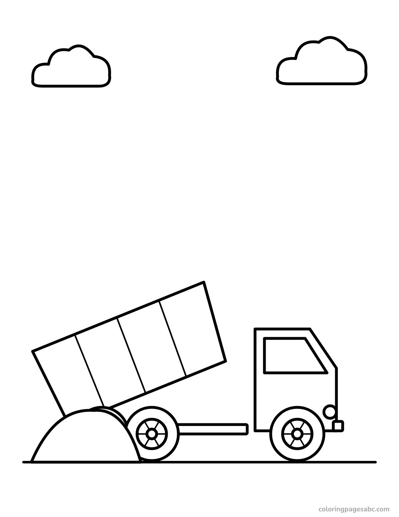 Dump truck with its bed raised unloading sand coloring page