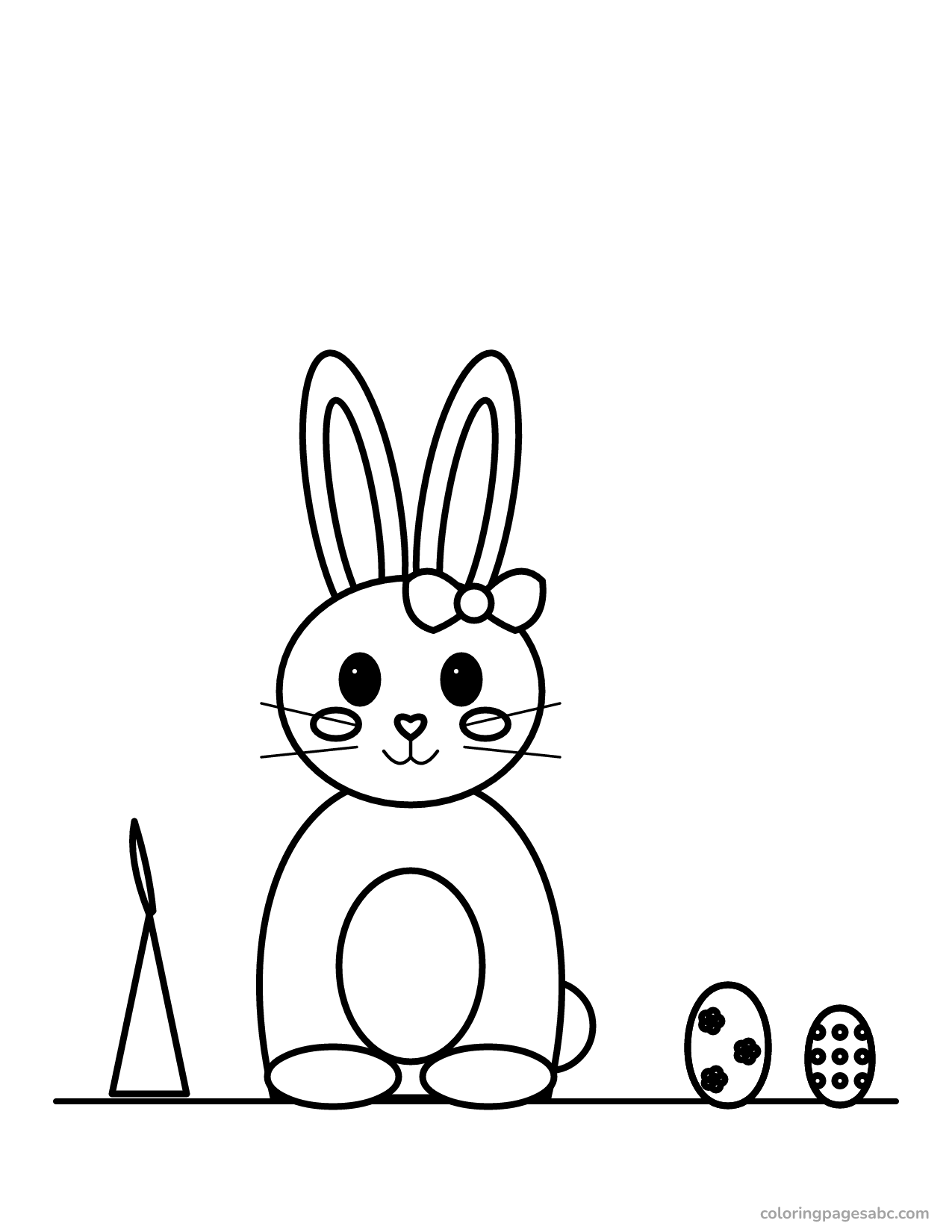 Easter bunny with a bow, a carrot and two eggs coloring page