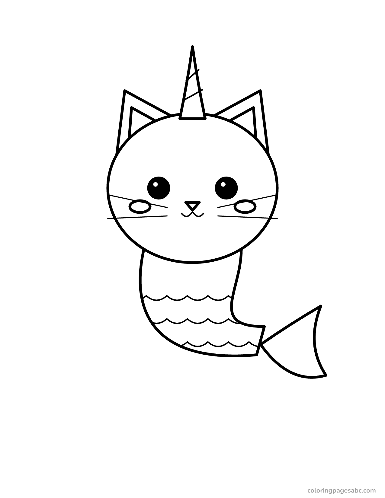 Easy big unicorn cat mermaid coloring page for toddlers