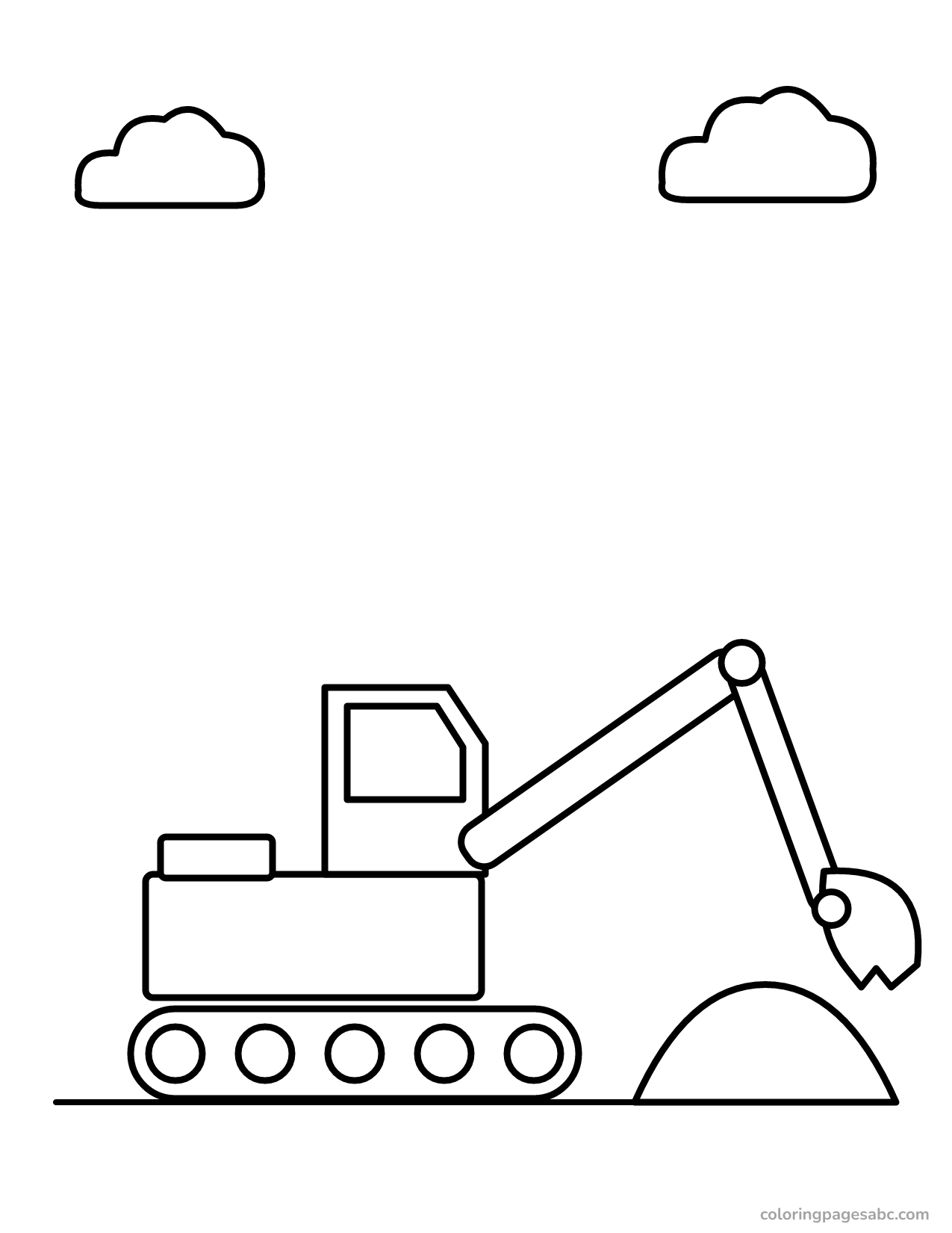 Excavator on tracks digging into a pile of dirt coloring page