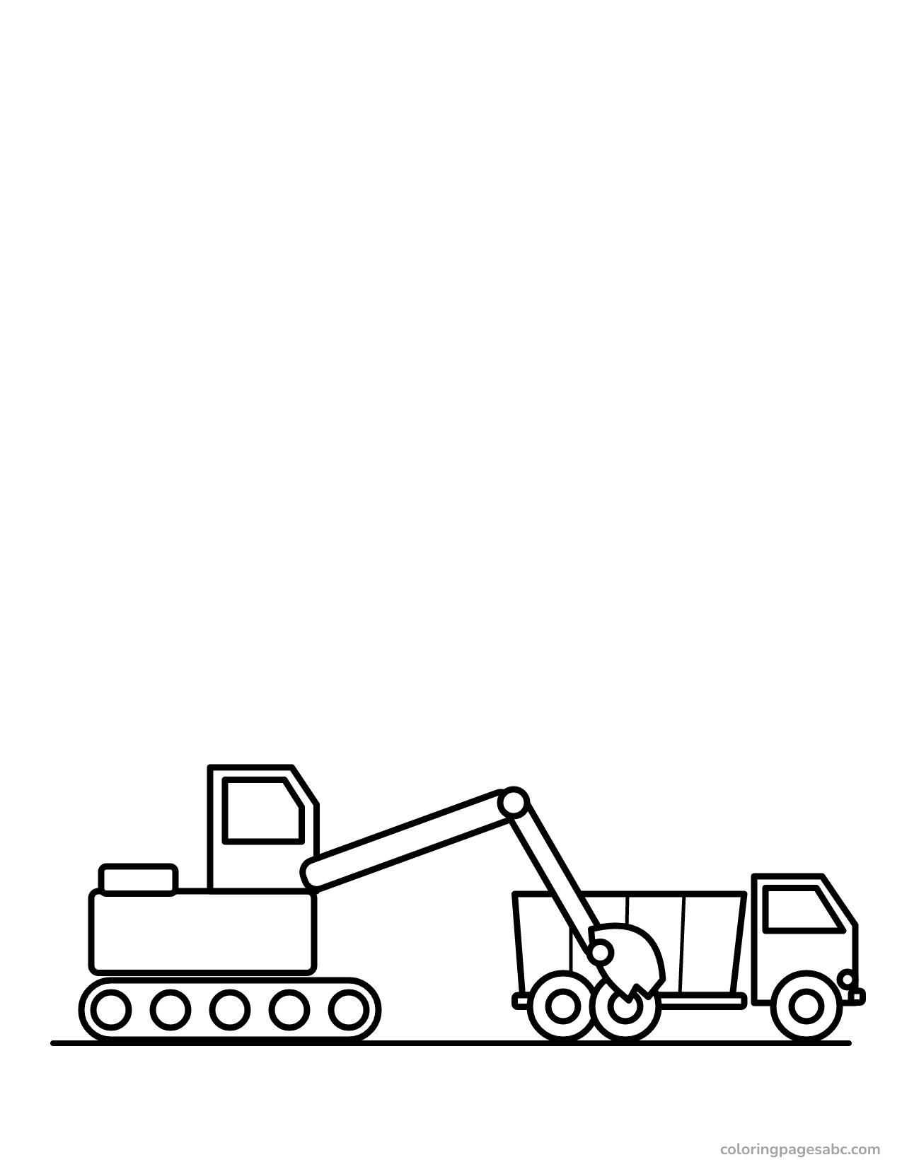 Excavator loading dirt into a dump truck coloring page